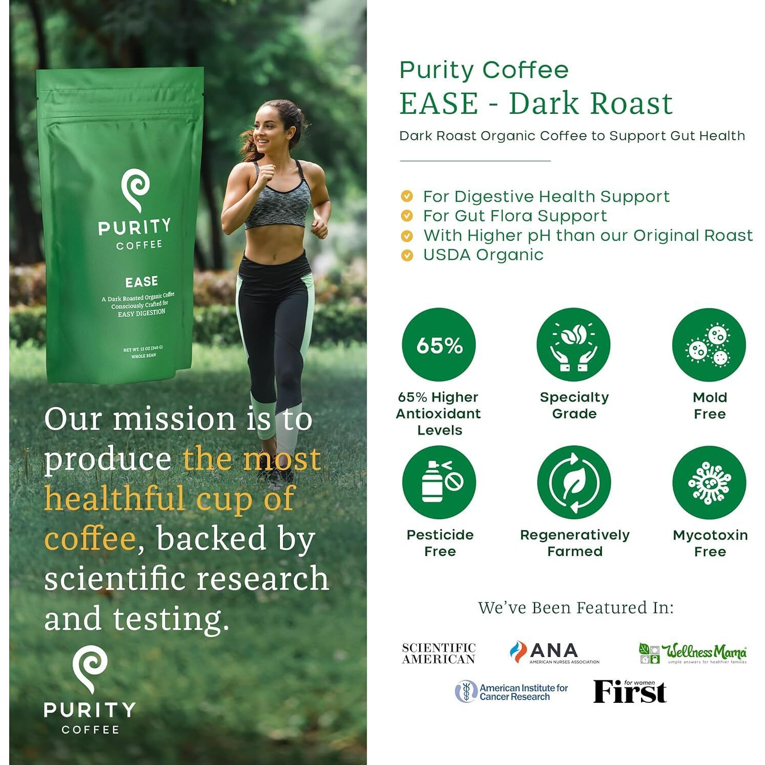 Purity Coffee Ease Dark Roast Low Acid Organic Coffee - Usda Certified Organic Specialty Grade Arabica Whole Bean Coffee - Third Party Tested For Mold, Mycotoxins And Pesticides - 12 Oz Bag