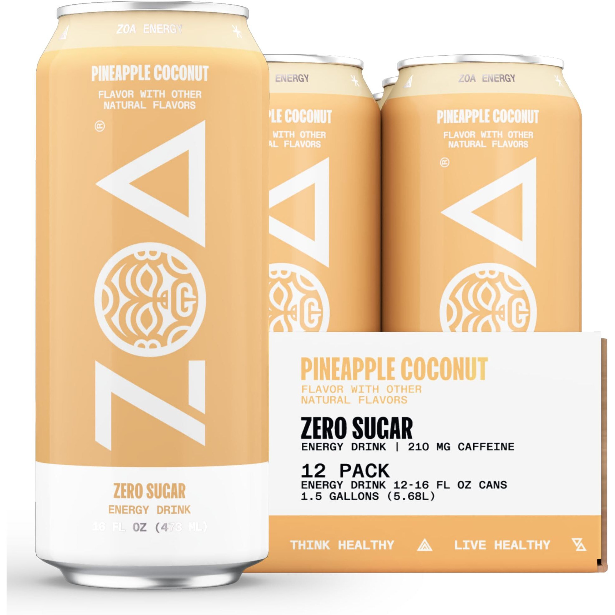 Zoa Zero Sugar Energy Drinks, Pineapple Coconut - Sugar Free With Electrolytes, Healthy Vitamin C, Amino Acids, Essential B-Vitamins, And Caffeine From Green Tea - 16 Fl Oz (12-Pack)