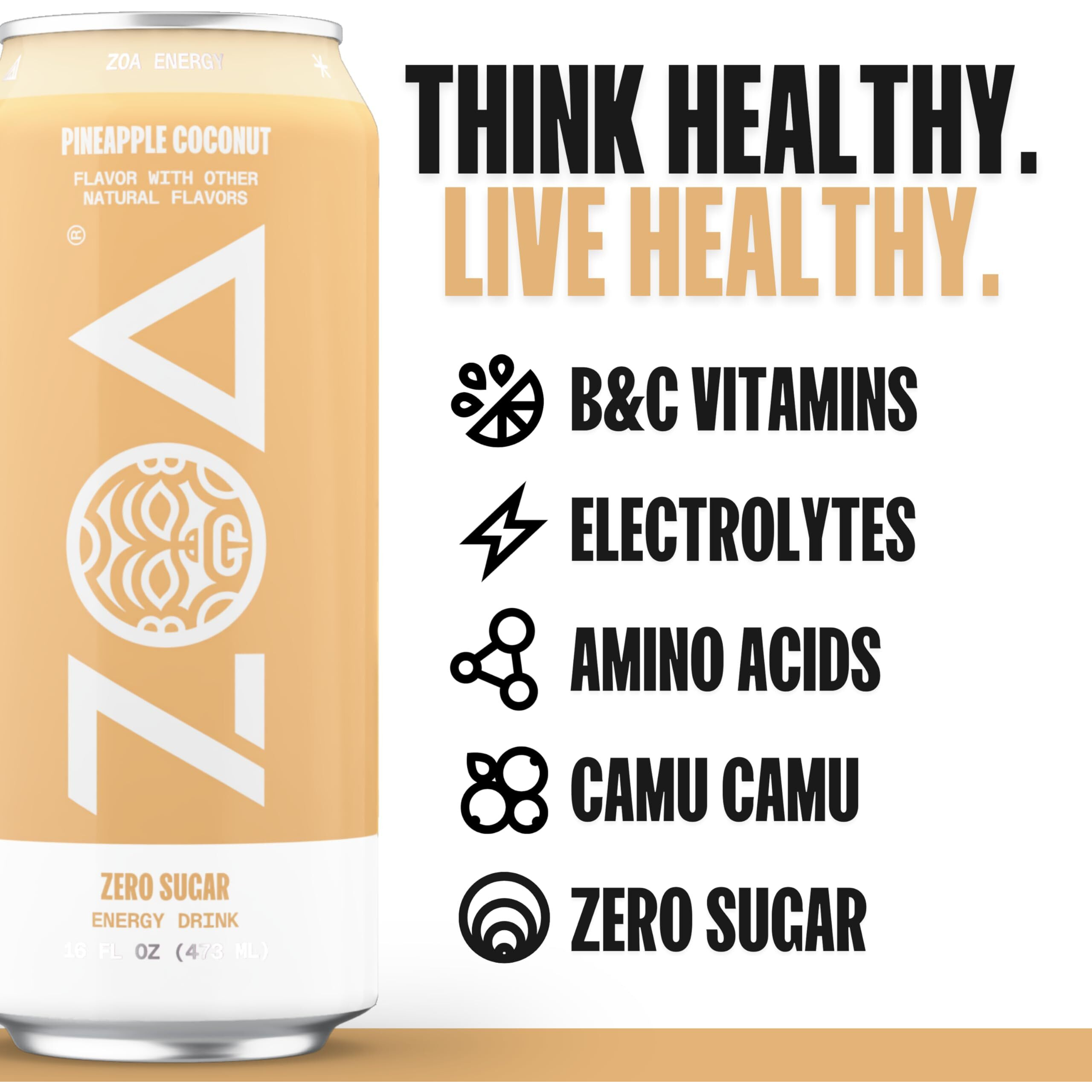 Zoa Zero Sugar Energy Drinks, Pineapple Coconut - Sugar Free With Electrolytes, Healthy Vitamin C, Amino Acids, Essential B-Vitamins, And Caffeine From Green Tea - 16 Fl Oz (12-Pack)