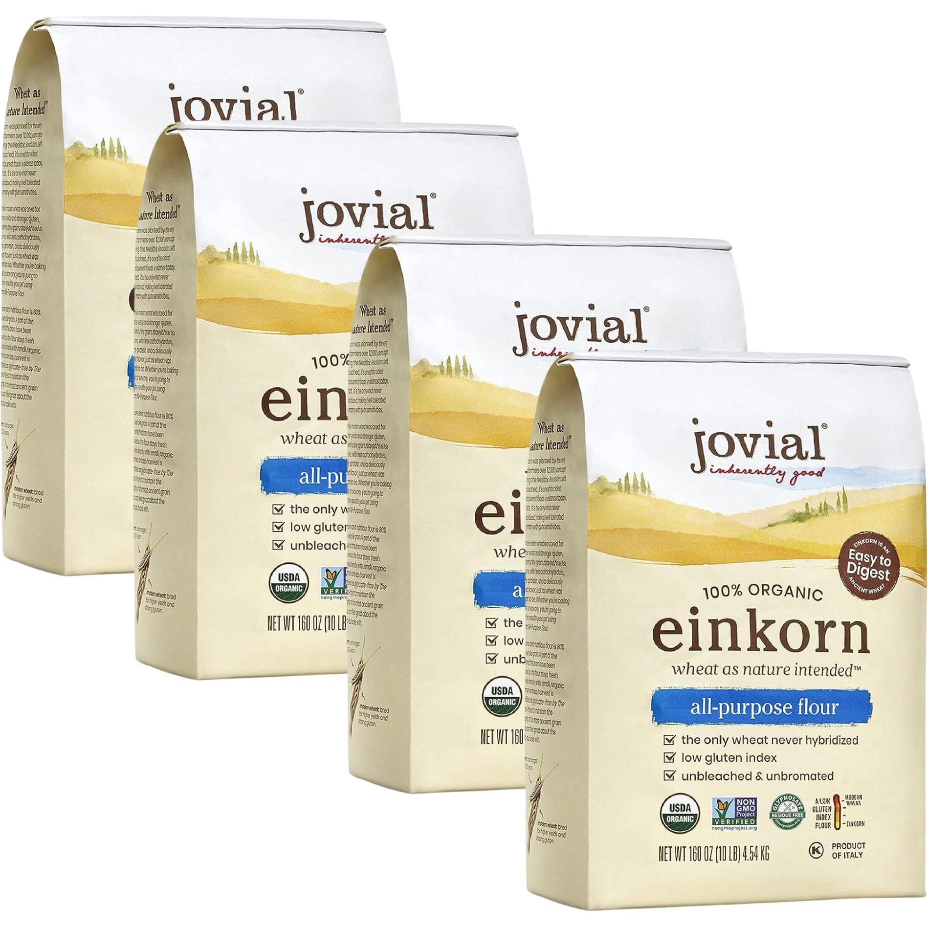 Jovial Einkorn 100% Organic Einkorn All Purpose Flour - Baking Flour, High Protein, Non-Gmo, Usda Certified Organic, Unbleached Flour, Product Of Italy, Organic All Purpose Flour - 32 Oz, 4 Pack