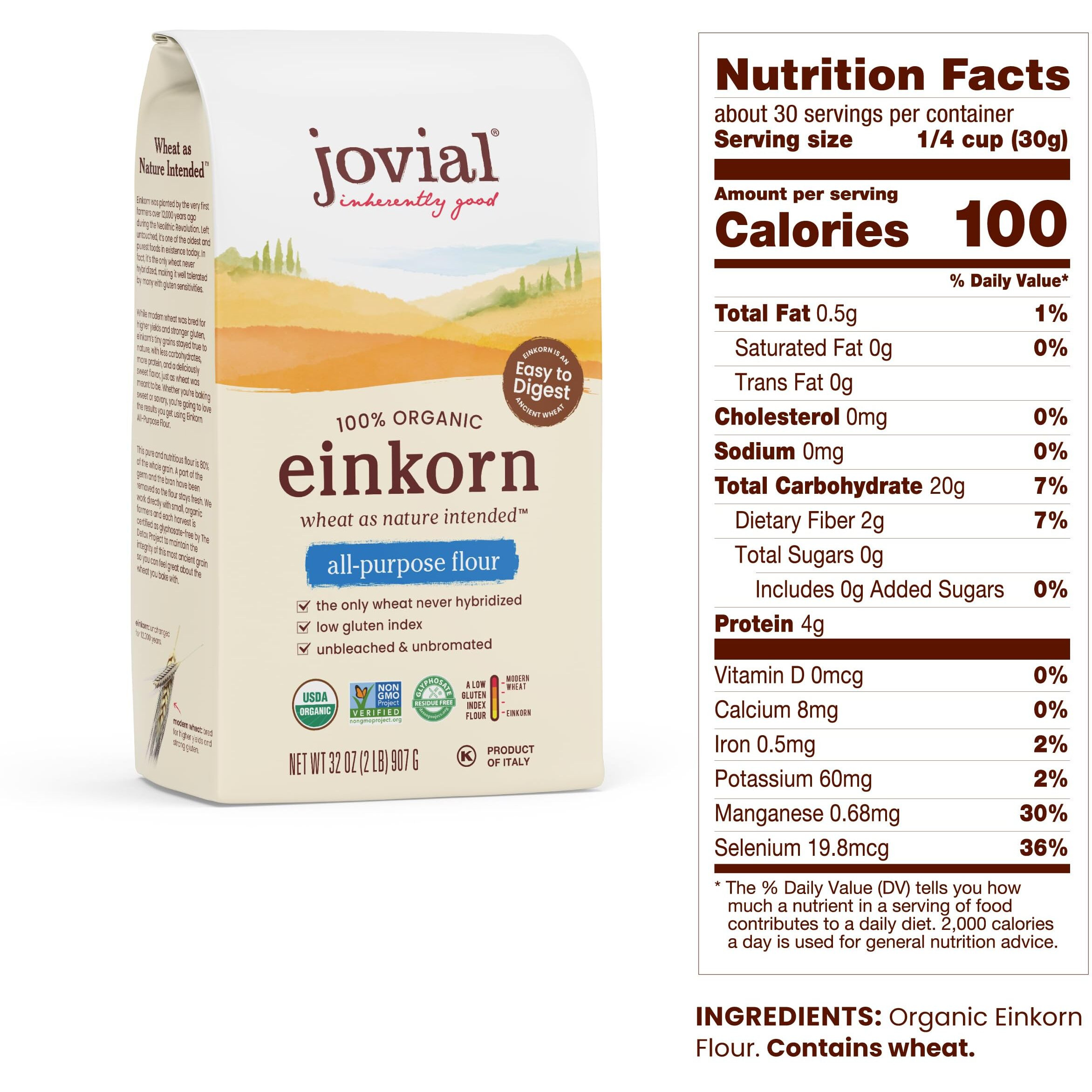 Jovial Einkorn 100% Organic Einkorn All Purpose Flour - Baking Flour, High Protein, Non-Gmo, Usda Certified Organic, Unbleached Flour, Product Of Italy, Organic All Purpose Flour - 32 Oz, 4 Pack