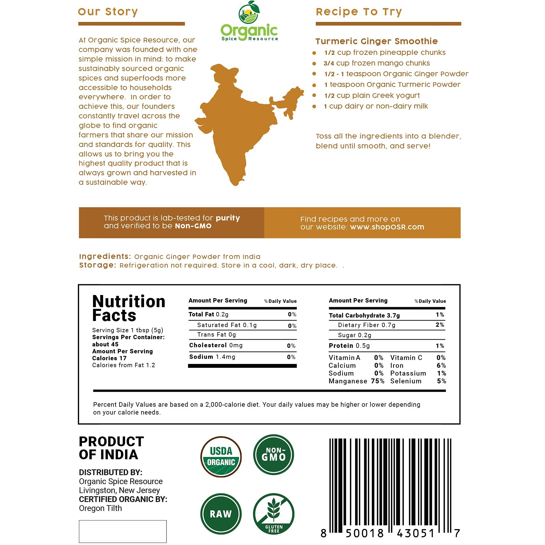 Organic Ginger Powder | 8 Oz (226G) | Usda Organics And Non-Gmo Verified Project Approved | Product Of India | 100% Raw And Natural | Resealable Kraft Bag By Shoposr