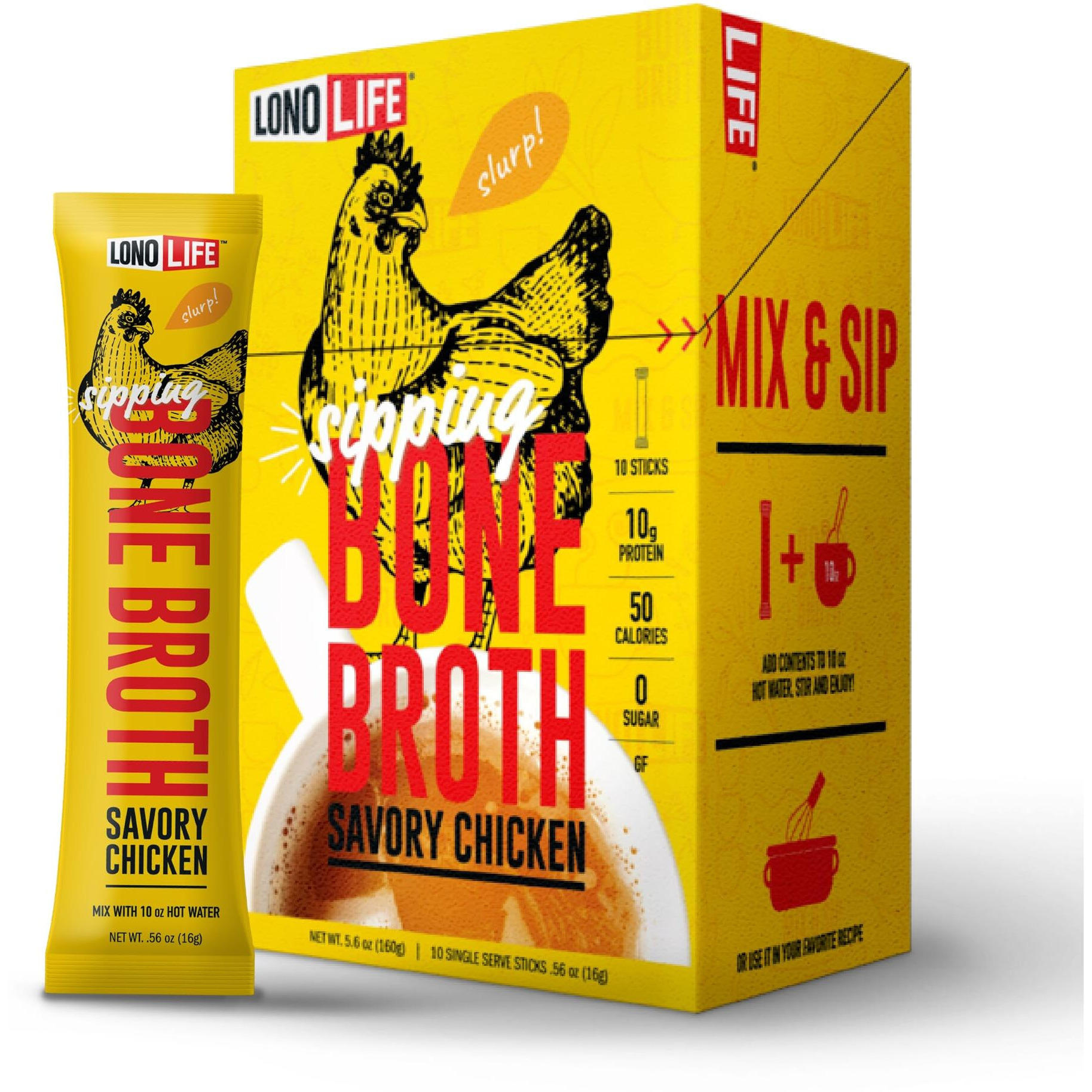 Lonolife Chicken Bone Broth Powder Mix | 10G Protein | Collagen-Rich, Keto & Paleo Friendly | Natural Ingredients | 10 Portable Stick Pack Servings