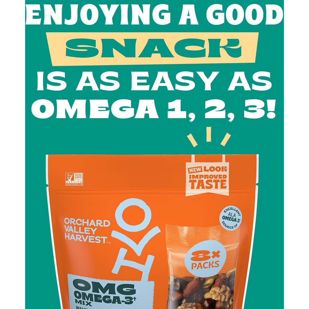 Orchard Valley Harvest Omg Omega-3 Mix, Walnuts, 8 Oz Resealable Bag, Dark Chocolate Blueberries, Sweetened Cranberries, Almonds, Pistachios, Gluten Free, Non-Gmo, On-The-Go Snack