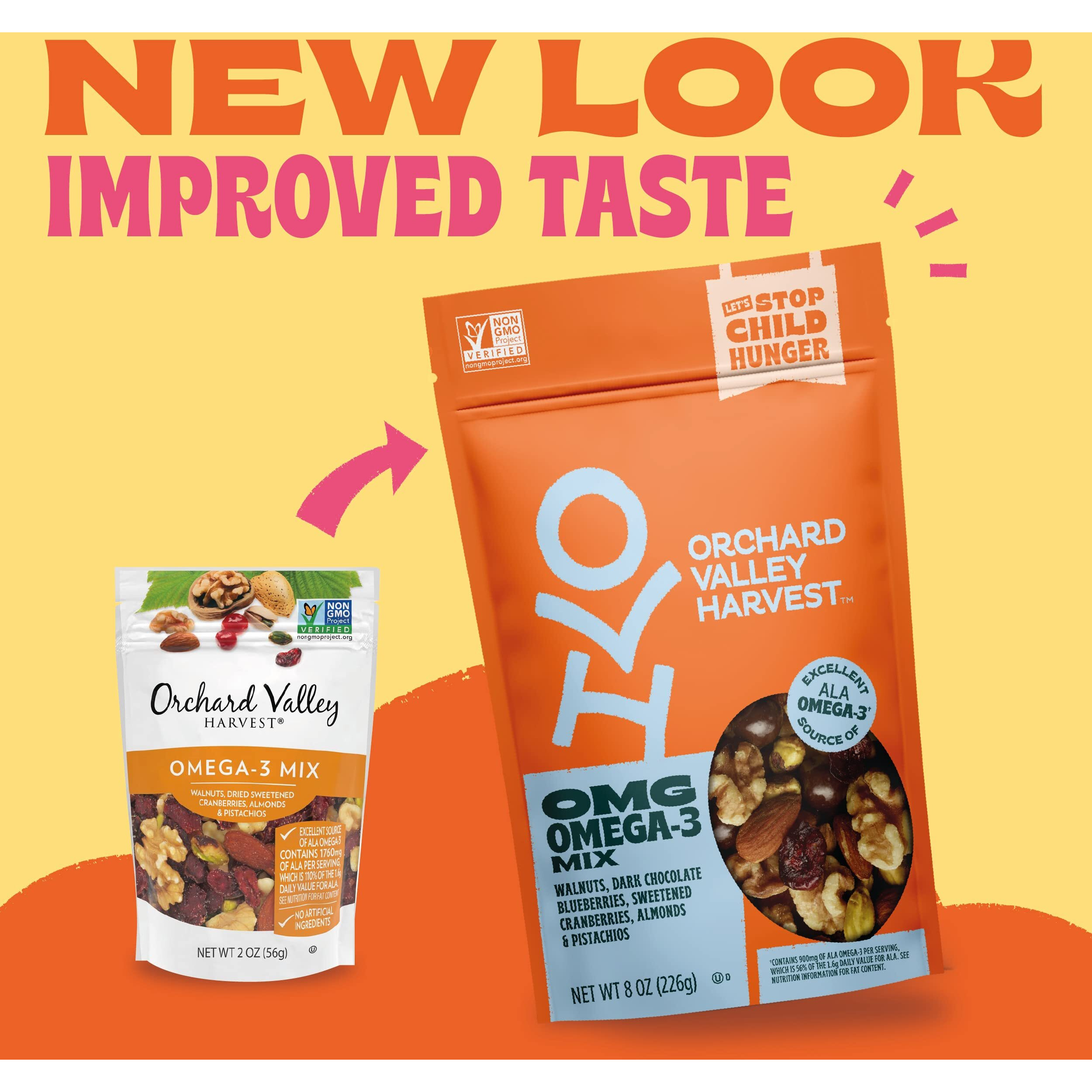 Orchard Valley Harvest Omg Omega-3 Mix, Walnuts, 8 Oz Resealable Bag, Dark Chocolate Blueberries, Sweetened Cranberries, Almonds, Pistachios, Gluten Free, Non-Gmo, On-The-Go Snack