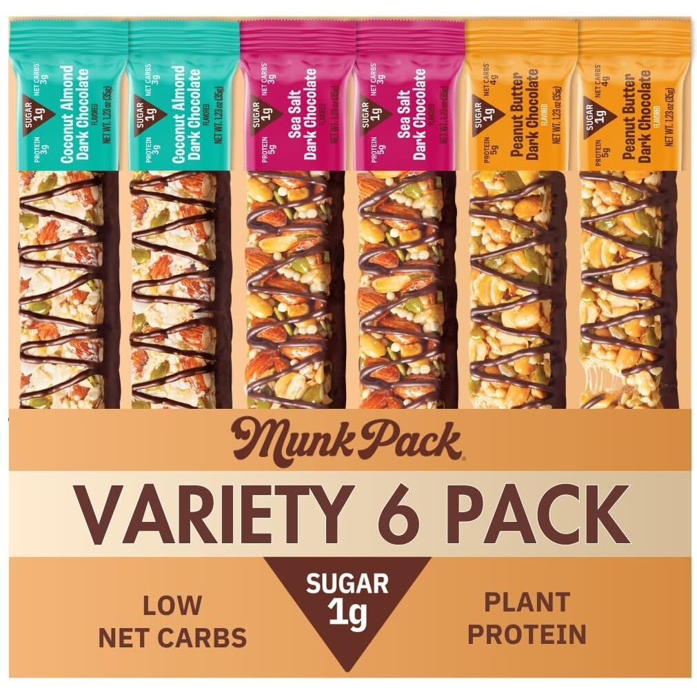 Munk Pack Keto Snack Bars, Variety Pack - Healthy Low Carb Nut Bar With 5G Protein, 1G Sugar With Allulose - Gluten Free & Low Glycemic - 6 Count