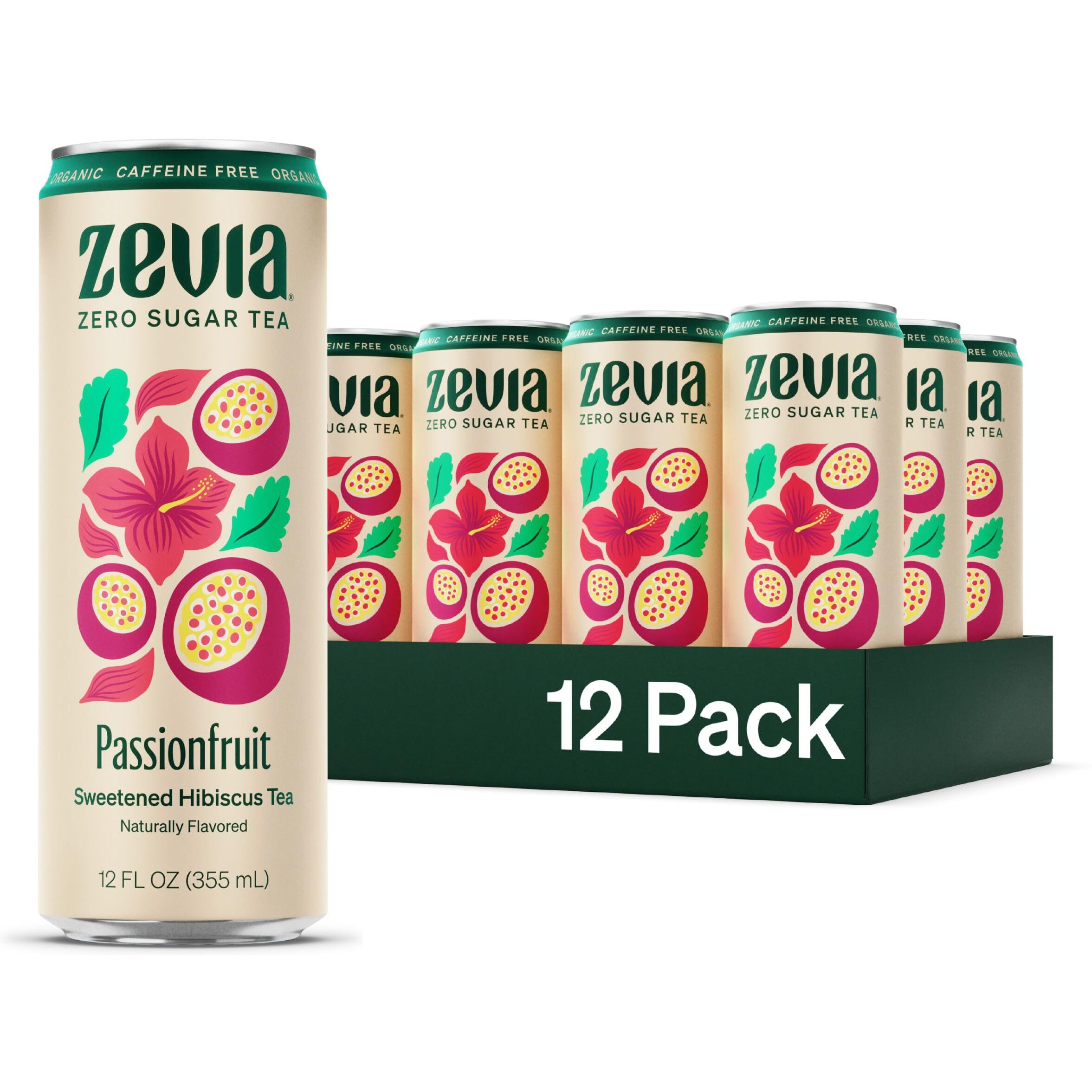 Zevia Organic Sugar Free Iced Tea, Caffeine Free Hibiscus Tea Passionfruit, 12 Ounce Cans (Pack Of 12)