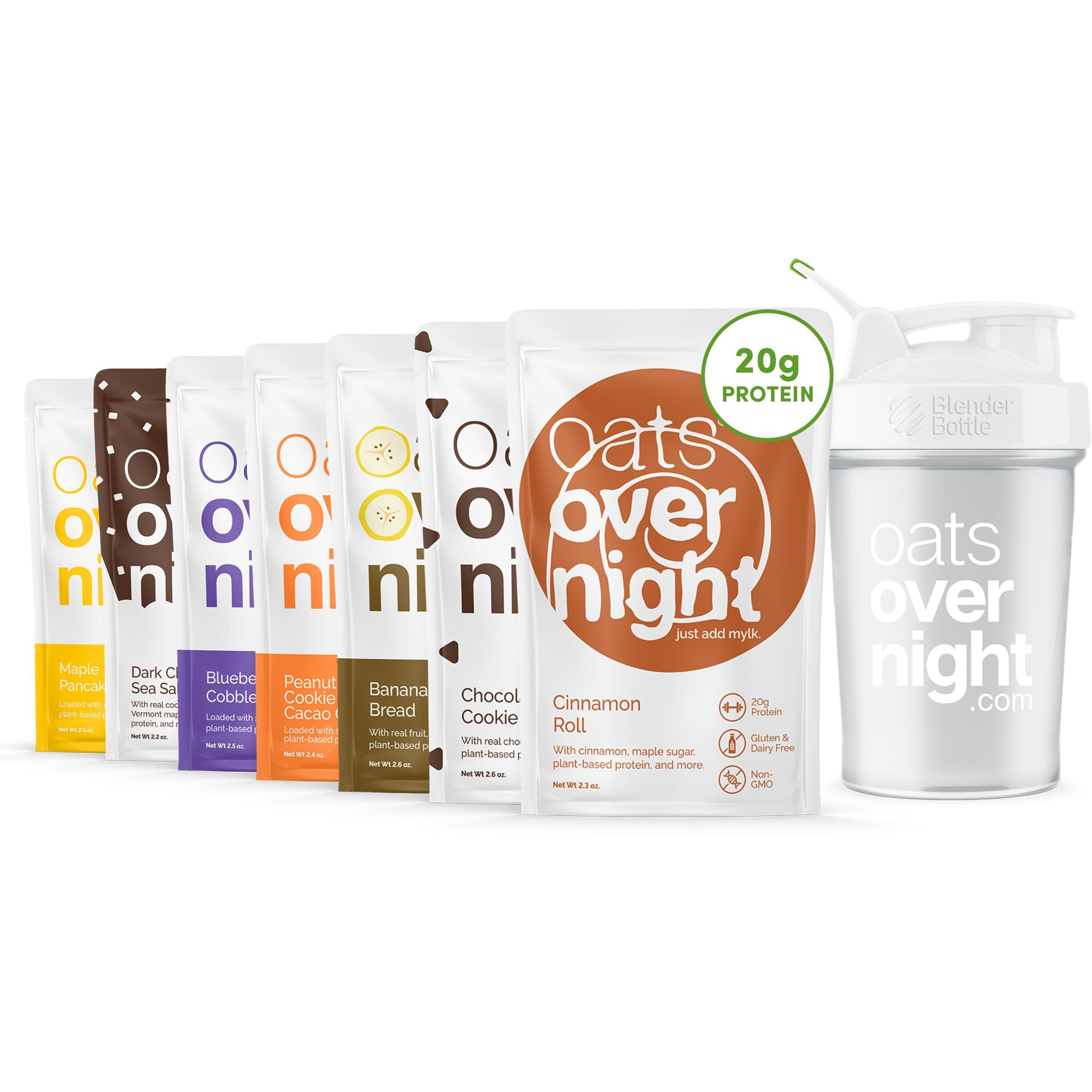 Oats Overnight Vegan Variety Pack - High Protein, High Fiber Breakfast Protein Shake - Gluten Free Oatmeal, Non Gmo Protein Oatmeal - Banana Bread, Blueberry Cobbler & More (8 Pack + Blenderbottle)