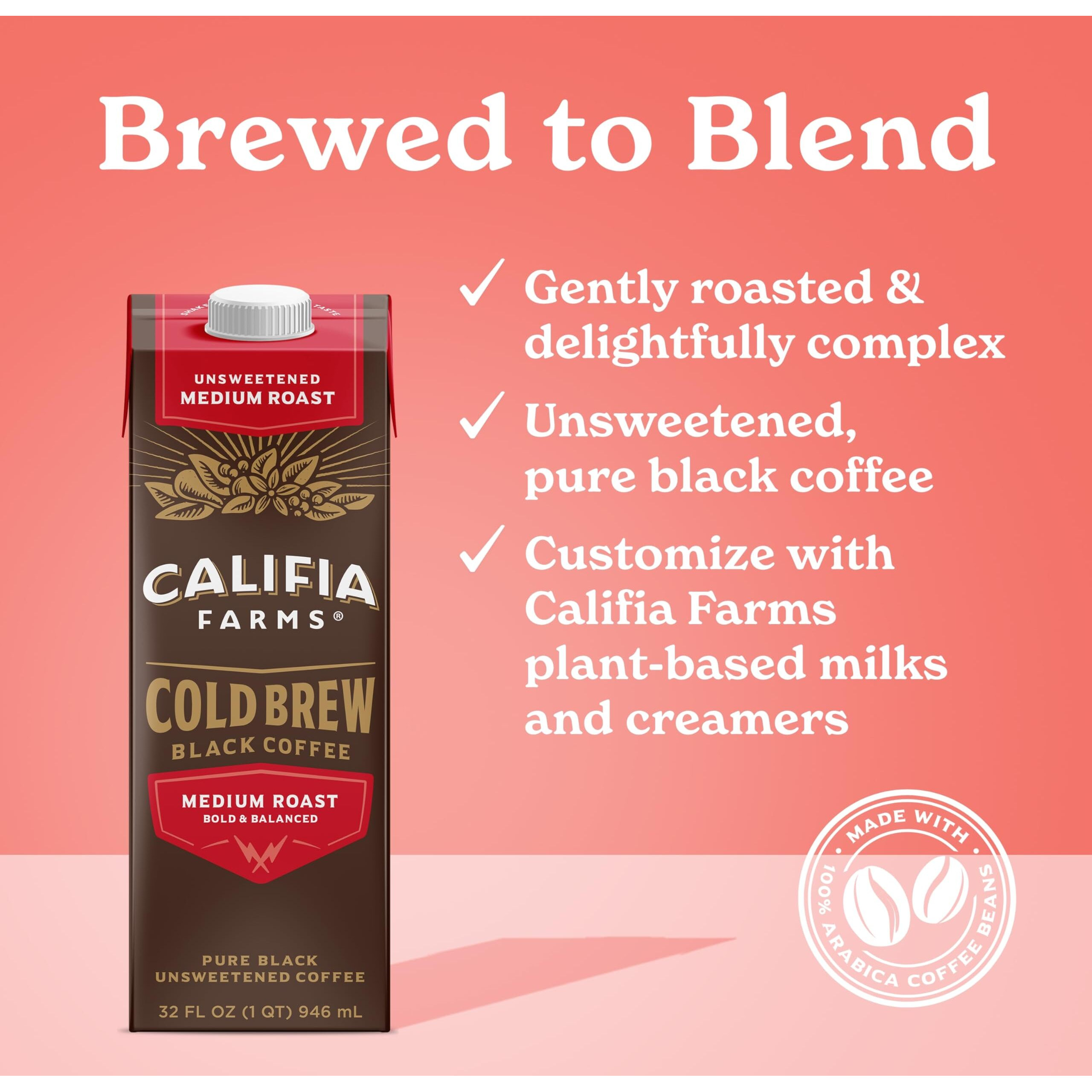 Califia Farms - Pure Black Medium Roast Cold Brew Coffee, 32 Oz (Pack Of 6), 100% Arabica, Shelf Stable, Plant Based, Vegan, Gluten Free, Non Gmo, Sugar Free, Iced Coffee