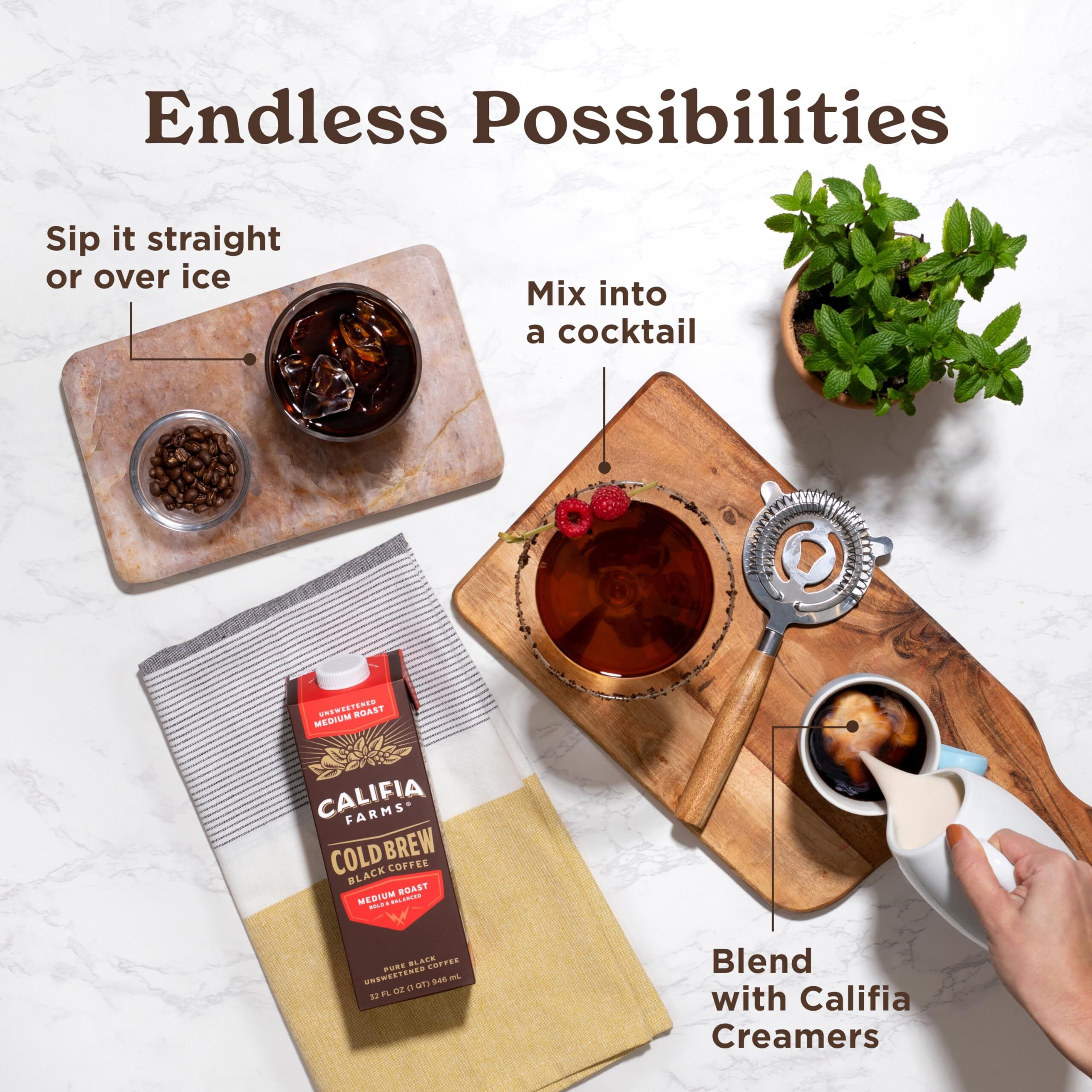Califia Farms - Pure Black Medium Roast Cold Brew Coffee, 32 Oz (Pack Of 6), 100% Arabica, Shelf Stable, Plant Based, Vegan, Gluten Free, Non Gmo, Sugar Free, Iced Coffee