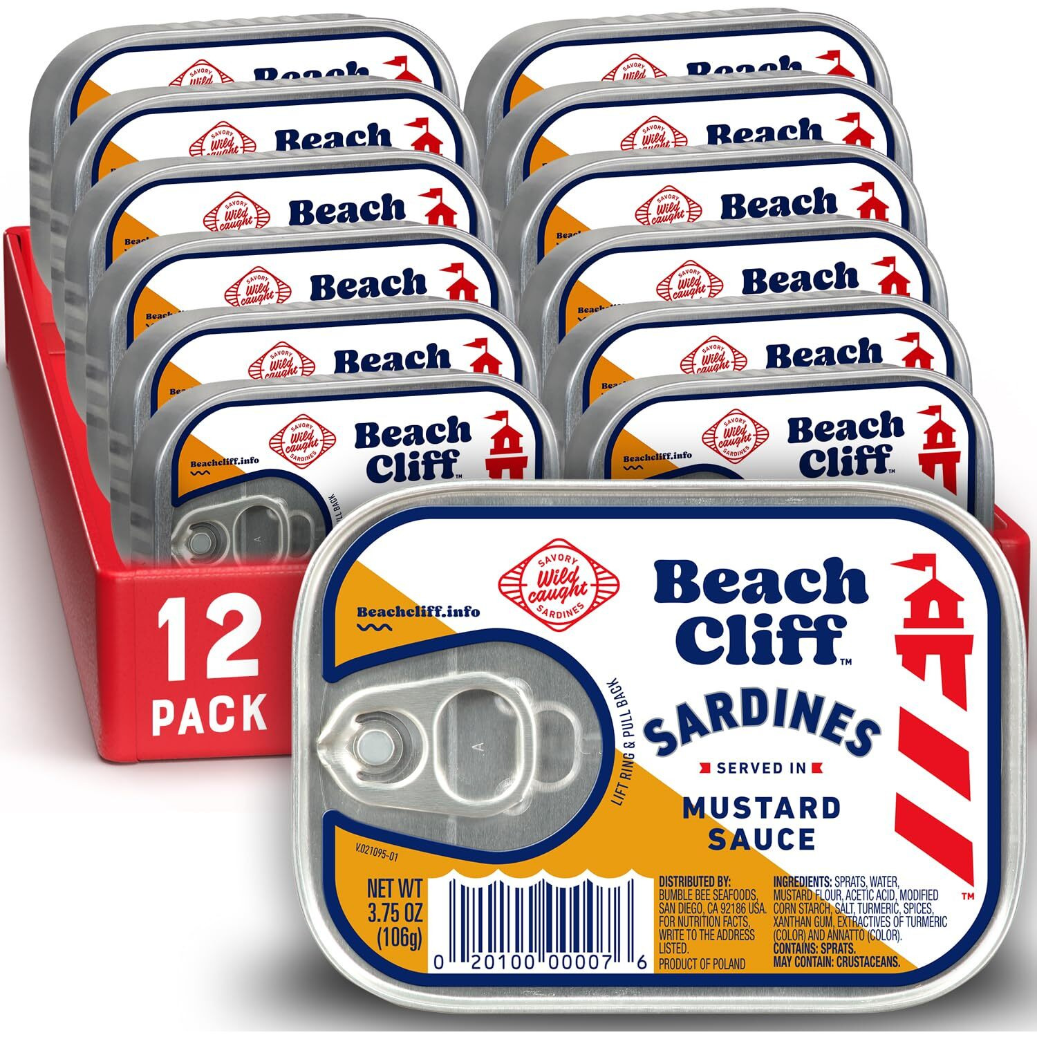 Beach Cliff Wild Caught Sardines In Mustard Sauce, 3.75 Oz Can (Pack Of 12) - 18G Protein Per Serving - Gluten Free, Keto Friendly - Great For Pasta & Seafood Recipes