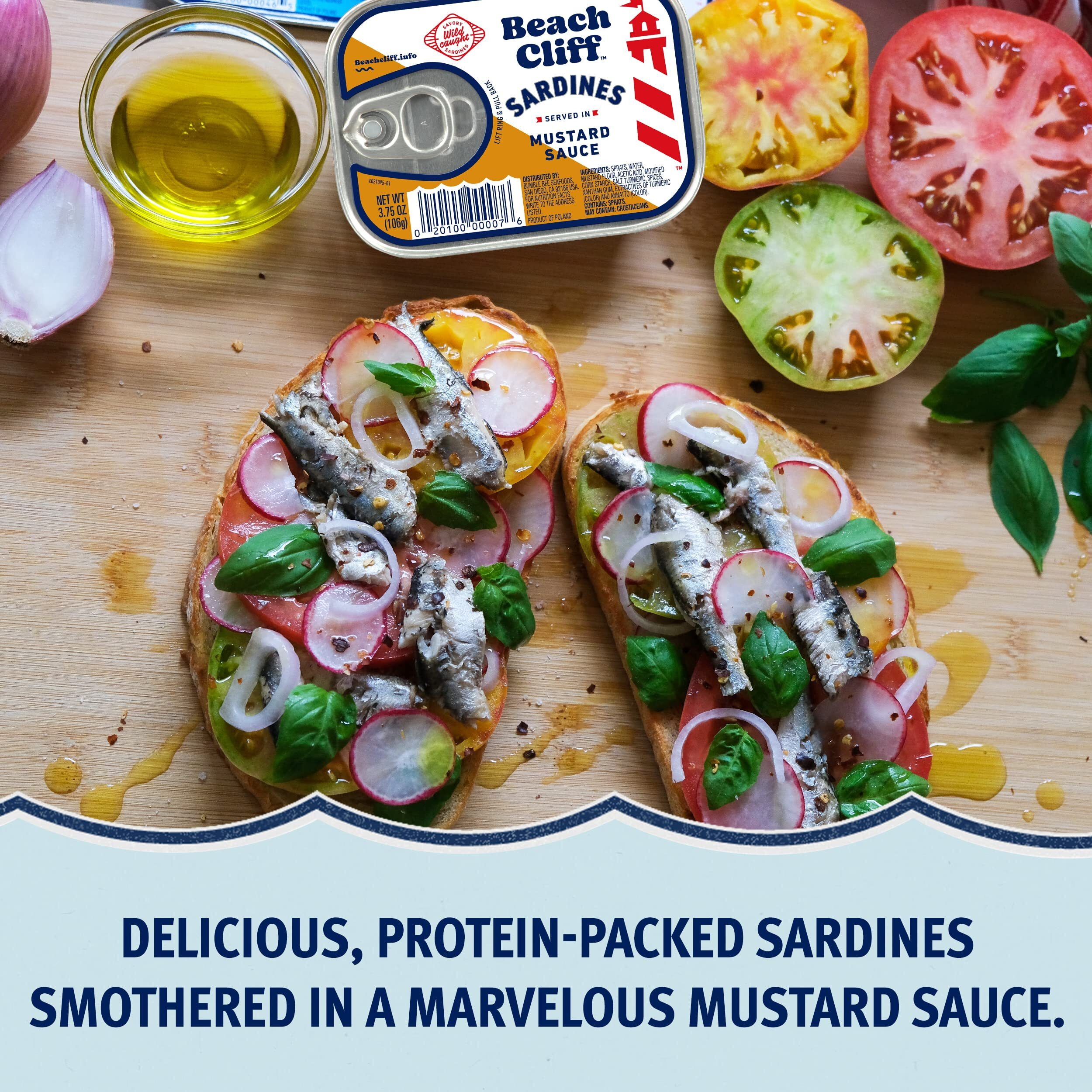 Beach Cliff Wild Caught Sardines In Mustard Sauce, 3.75 Oz Can (Pack Of 12) - 18G Protein Per Serving - Gluten Free, Keto Friendly - Great For Pasta & Seafood Recipes