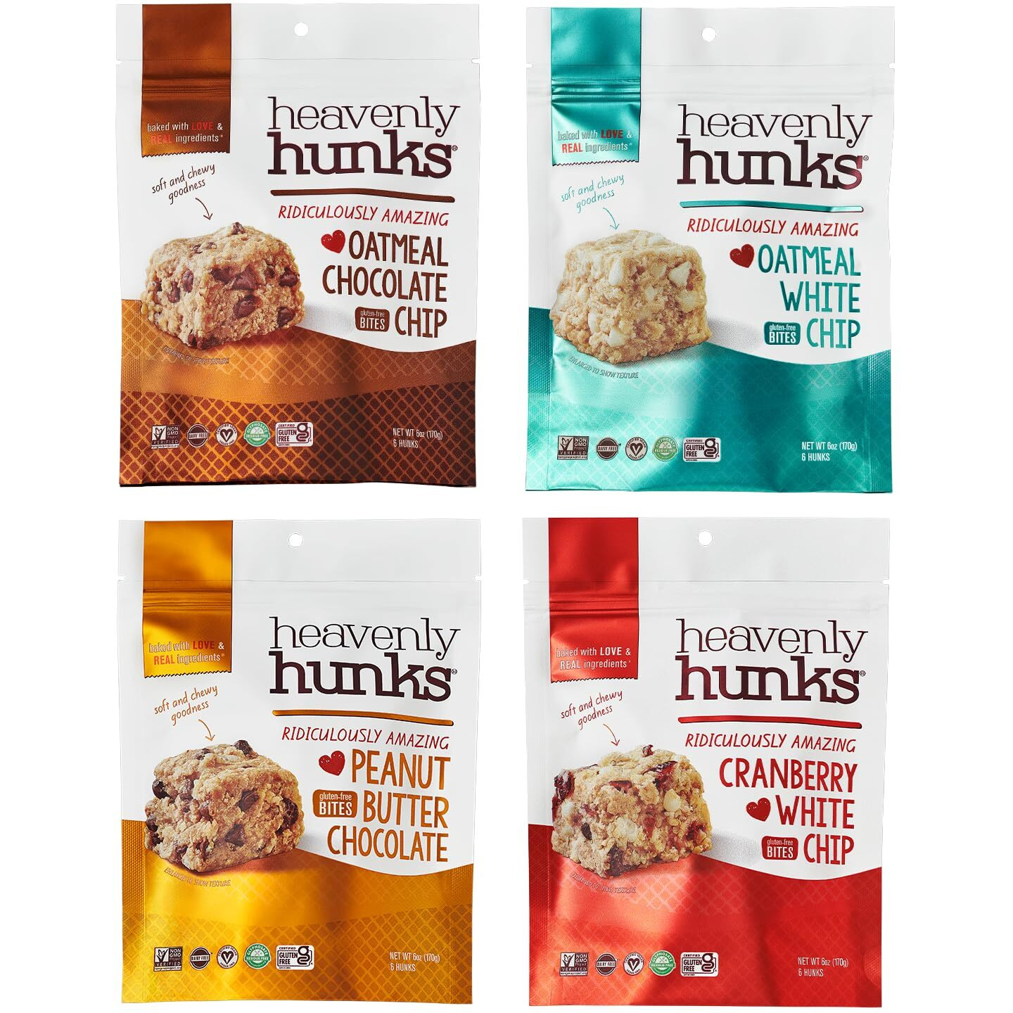 Heavenly Hunks Variety Gift Box - Oatmeal Chocolate Chip, Peanut Butter Chocolate, Cranberry White Chip & Oatmeal White Chip Cookies 4-Pack