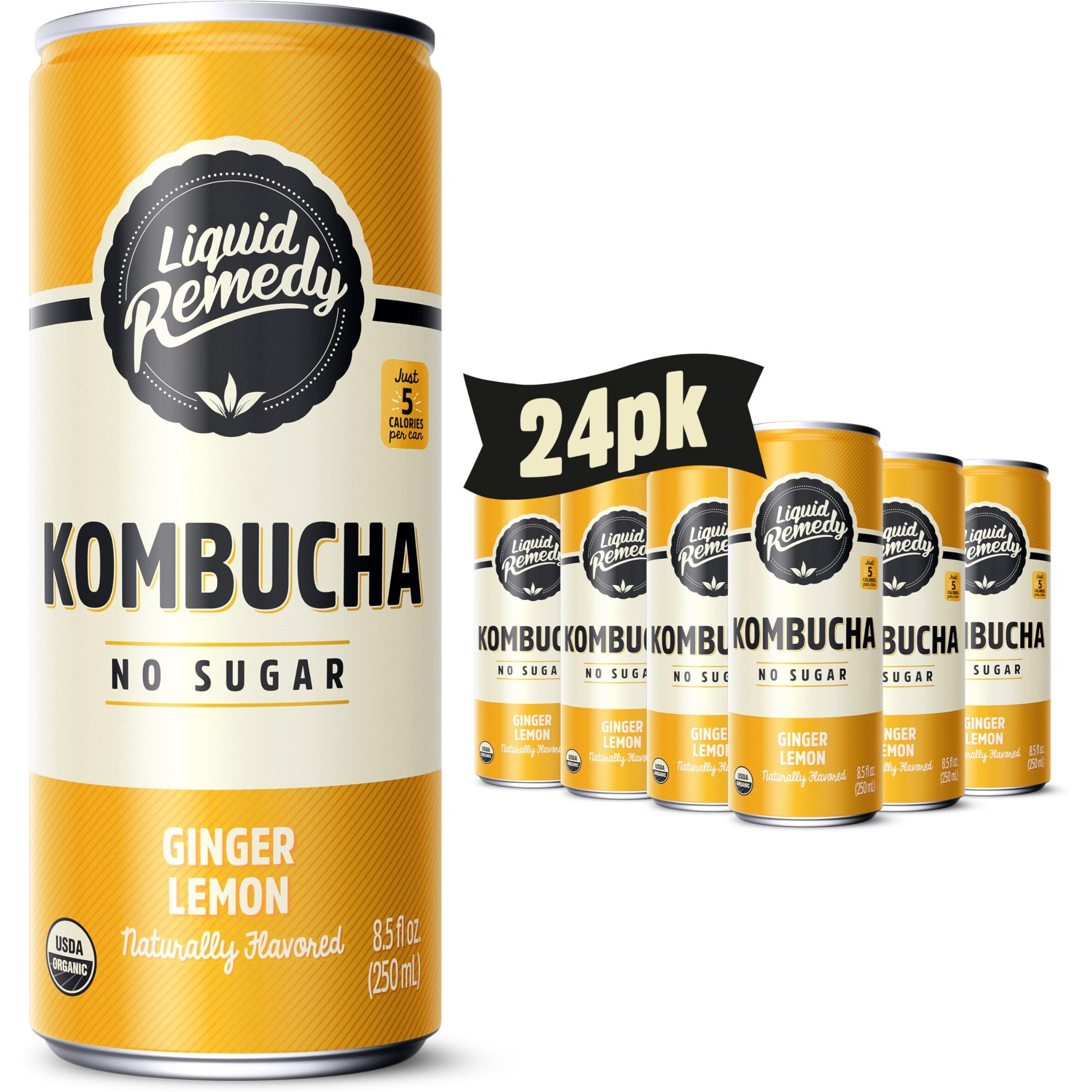 Liquid Remedy Kombucha Sugar Free Organic Drink, Low Calorie, Probiotic Like Tea For Gut Health - Ginger Lemon - 8.5 Fl Oz Can, 24-Pack
