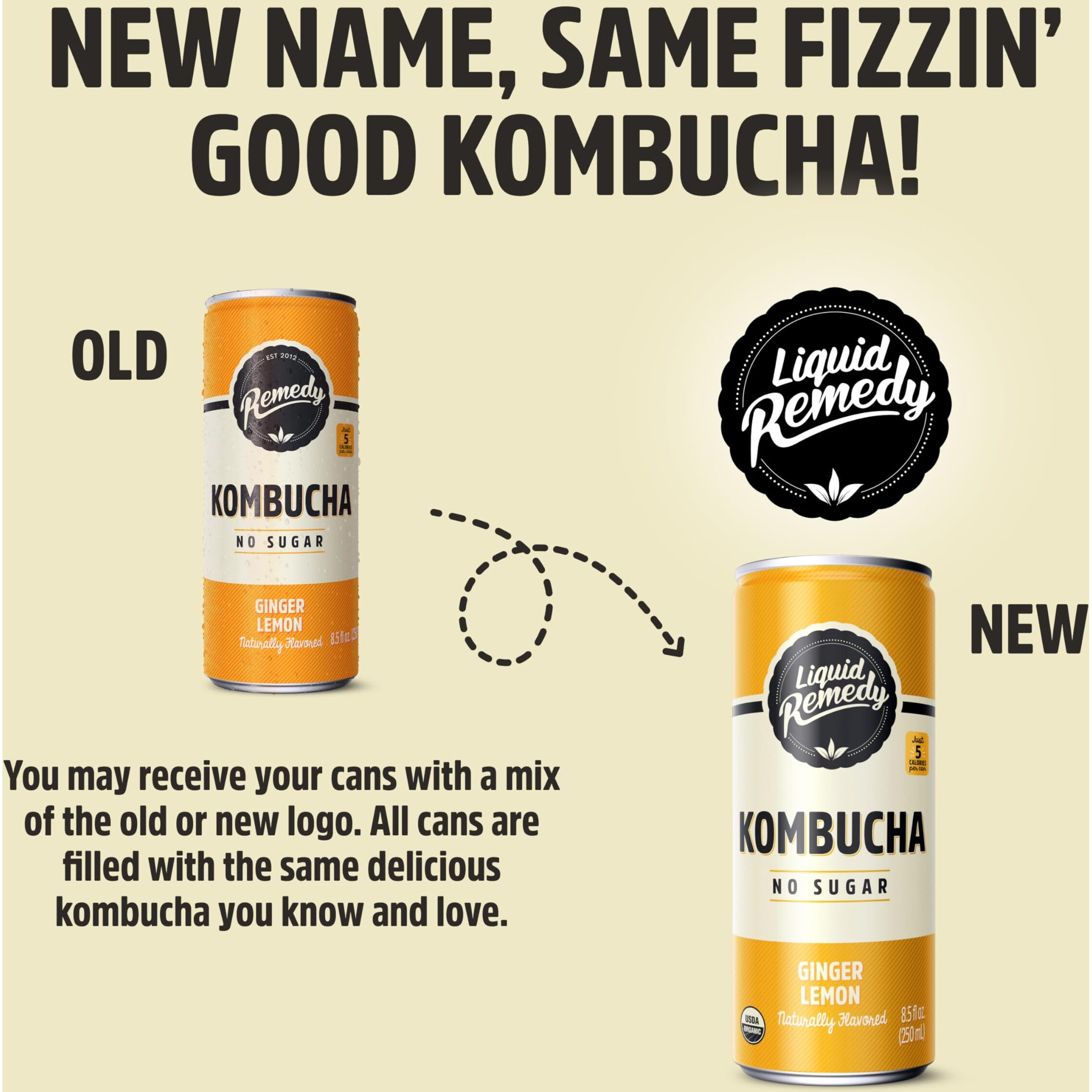 Liquid Remedy Kombucha Sugar Free Organic Drink, Low Calorie, Probiotic Like Tea For Gut Health - Ginger Lemon - 8.5 Fl Oz Can, 24-Pack