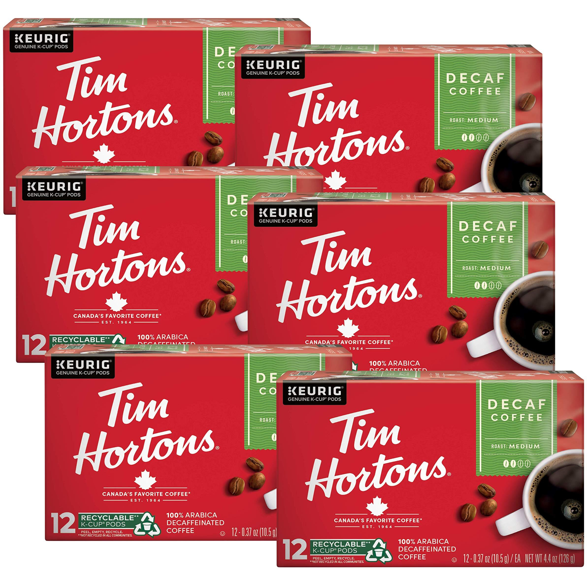 Tim Hortons Decaf, Medium Roast Coffee, Single-Serve K-Cup Pods Compatible With Keurig Brewers, 12 Count (Pack Of 6), Red