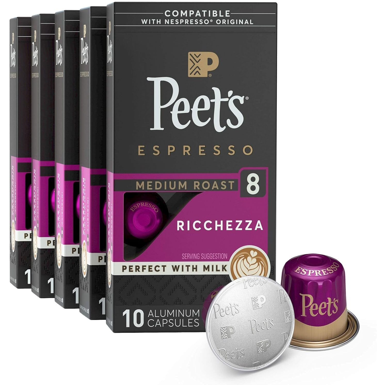 Peet's Coffee, Medium Roast Espresso Pods , Cafe Inspired Ricchezza Intensity 8, 10 Count (Pack Of 5)