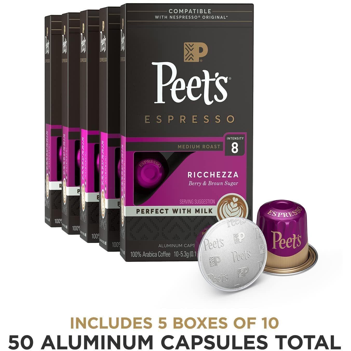 Peet's Coffee, Medium Roast Espresso Pods , Cafe Inspired Ricchezza Intensity 8, 10 Count (Pack Of 5)