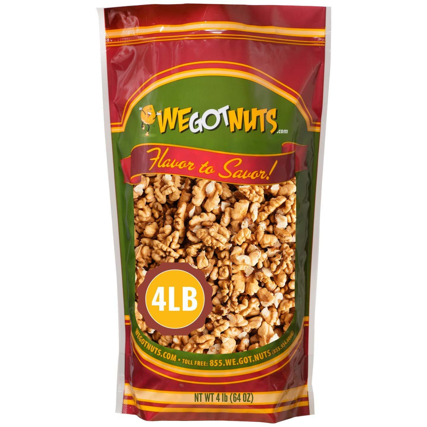 California Raw Walnuts- 4 Pounds, Resealable Package-Fresh, No Shell, Unsalted-All Natural Dry Halves And Chopped Pieces-For Snacking, Kids, Baking Brownies, Diet- Kosher Certified- By We Got Nuts
