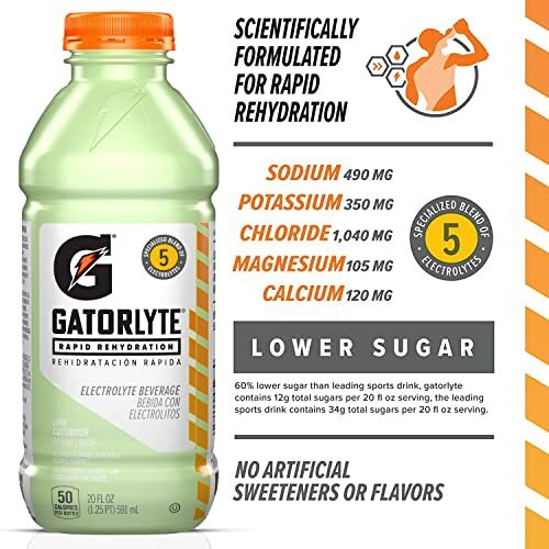 Gatorlyte Rapid Rehydration Electrolyte Beverage, Lime Cucumber, 20Oz Bottles (12 Pack)