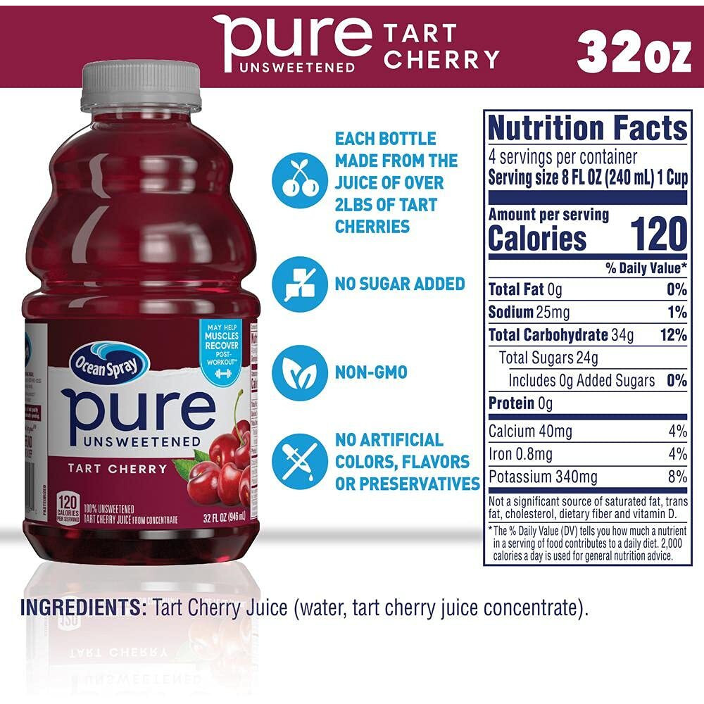 Ocean Spray Pure Unsweetened Tart Cherry, 100% Tart Cherry Juice, 32 Fl Oz Bottle (Pack Of 8)