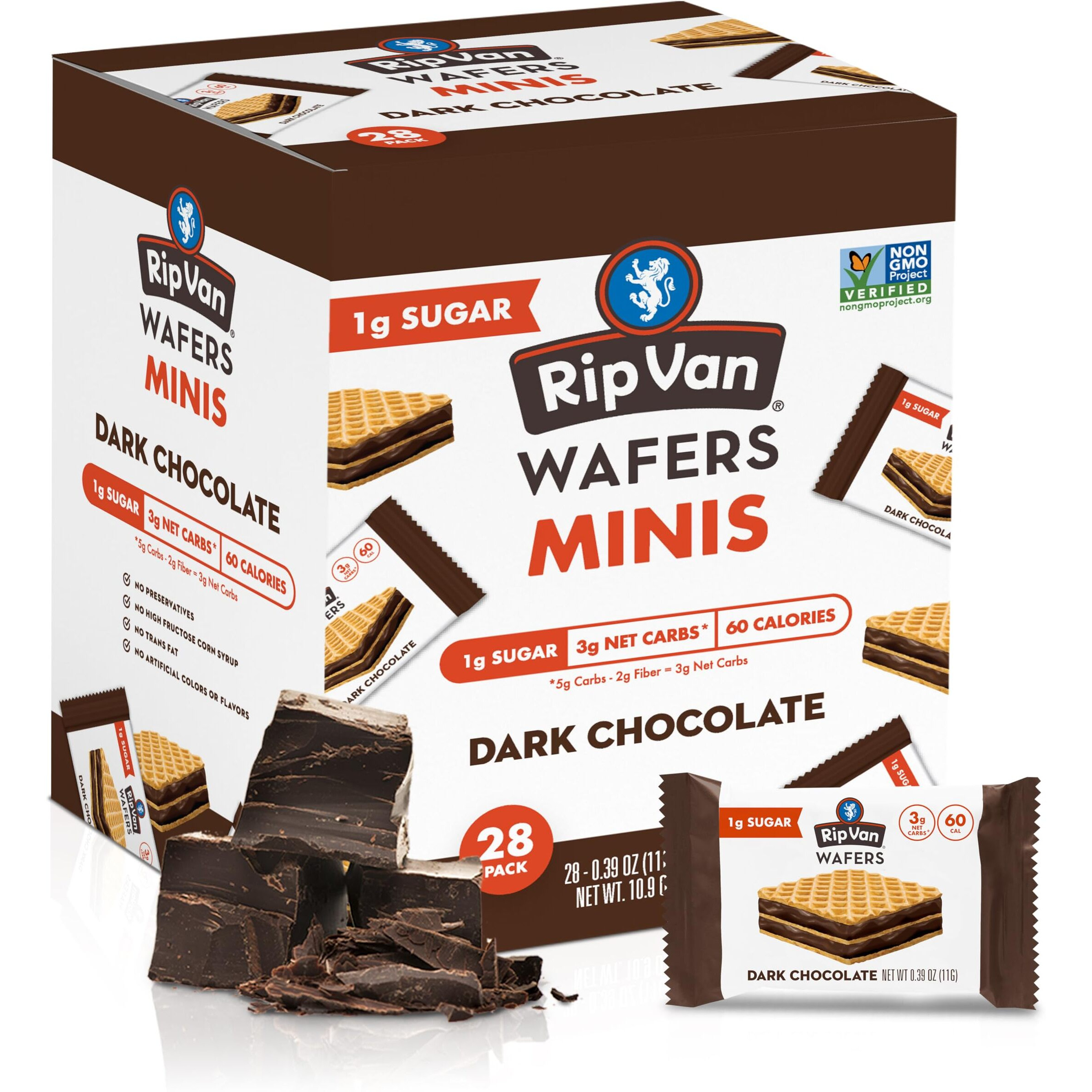 Rip Van Dark Chocolate Mini Wafer Cookies - Healthy Low Sugar Snack - 28 Count