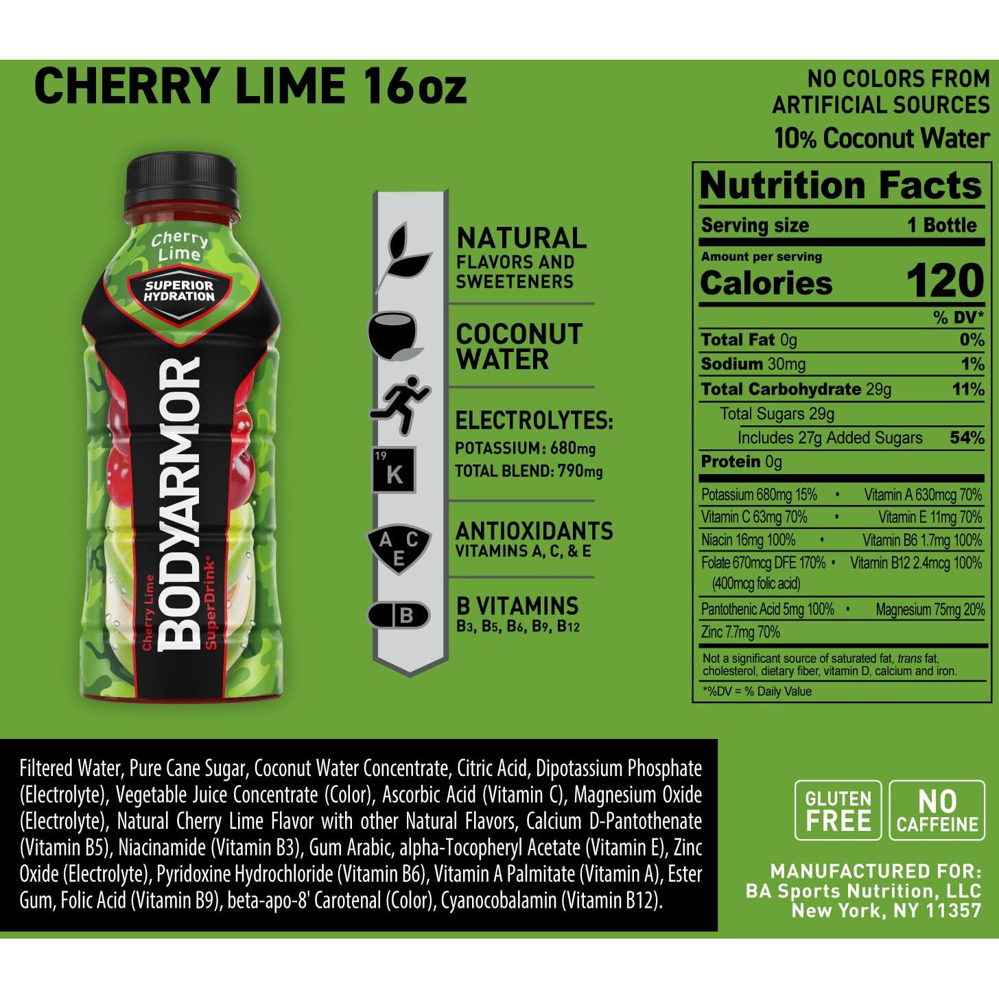 Bodyarmor Sports Drink Sports Beverage, Cherry Lime, Coconut Water Hydration, Natural Flavors With Vitamins, Potassium-Packed Electrolytes, Perfect For Athletes, 16 Fl Oz (Pack Of 12)