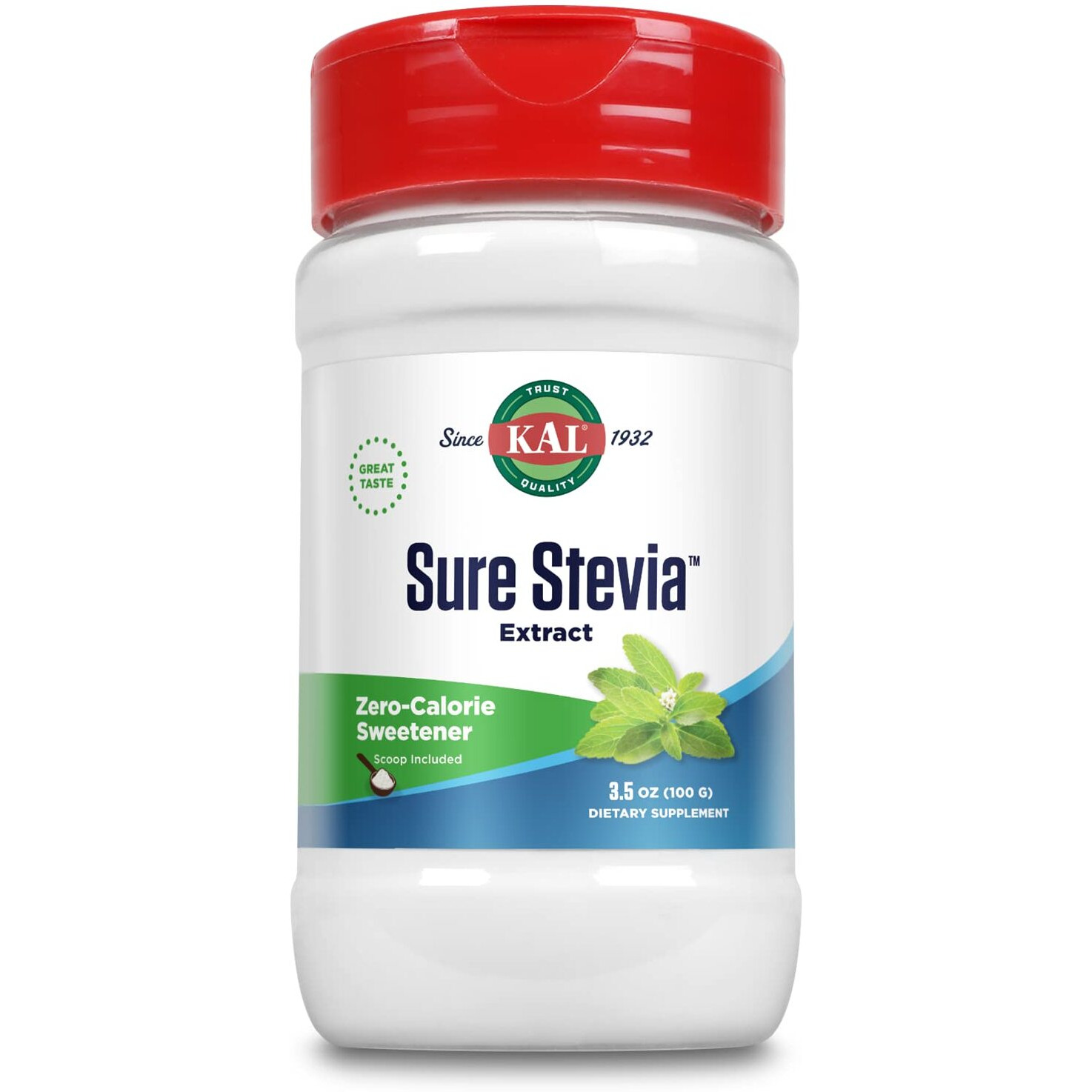 Kal Sure Stevia Extract Powder, Low Carb, Plant Based Stevia Sweetener, Great Taste, Zero Calories, Zero Sugar, Low Glycemic & Perfect For A Keto Diet, 60-Day Guarantee, Approx. 1820 Servings, 3.5Oz