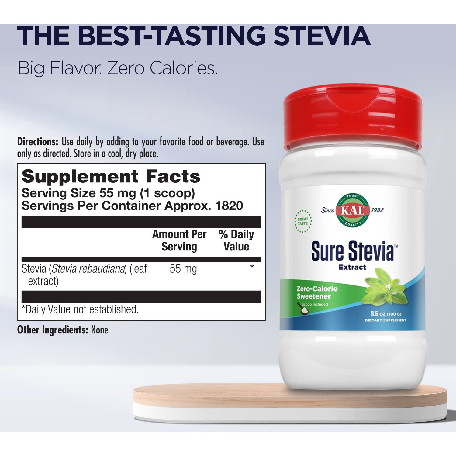 Kal Sure Stevia Extract Powder, Low Carb, Plant Based Stevia Sweetener, Great Taste, Zero Calories, Zero Sugar, Low Glycemic & Perfect For A Keto Diet, 60-Day Guarantee, Approx. 1820 Servings, 3.5Oz
