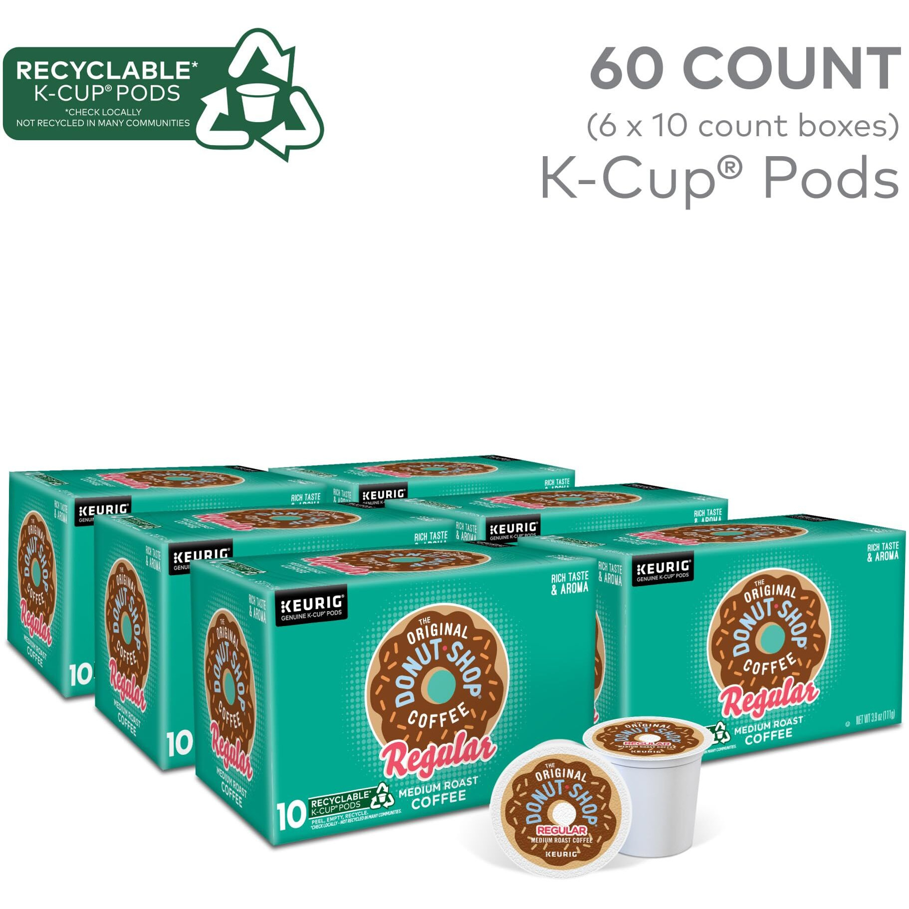 The Original Donut Shop Regular, Keurig Single Serve K-Cup Pods, Medium Roast Coffee, 60 Count, (6 Packs Of 10)
