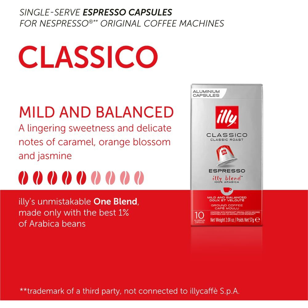 Illy Espresso Compatible Capsules - Single-Serve Coffee Capsules & Pods - Classico Roast - Notes Of Caramel, Orange Blossom & Jasmine Coffee Pods - For Nespresso Coffee Machines - 10 Count