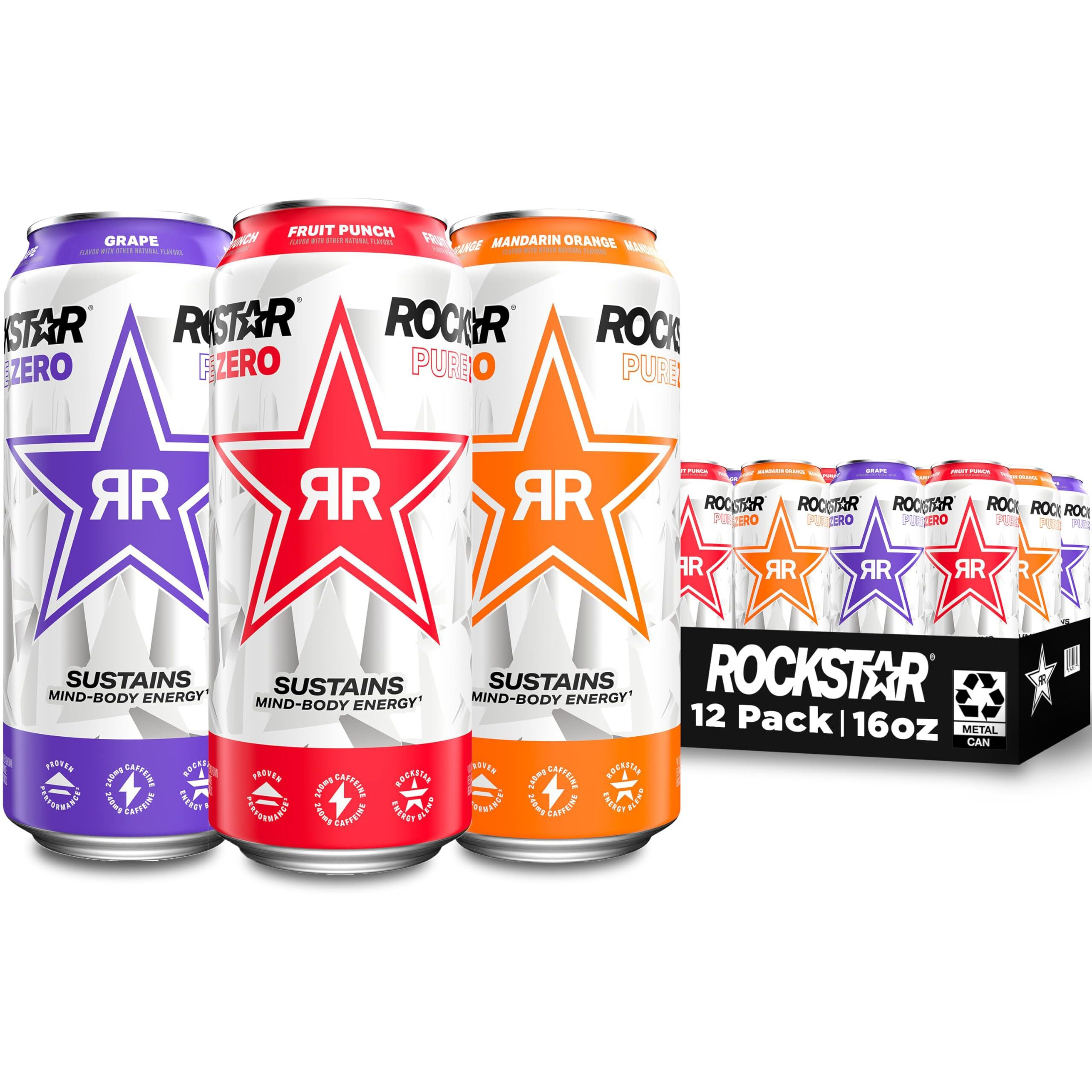 Rockstar Pure Zero Energy Drink,3 Flavor Pure Zero Variety Pack 2, 0 Sugar, With Caffeine And Taurine, 16Oz Cans (12 Pack) (Packaging May Vary)