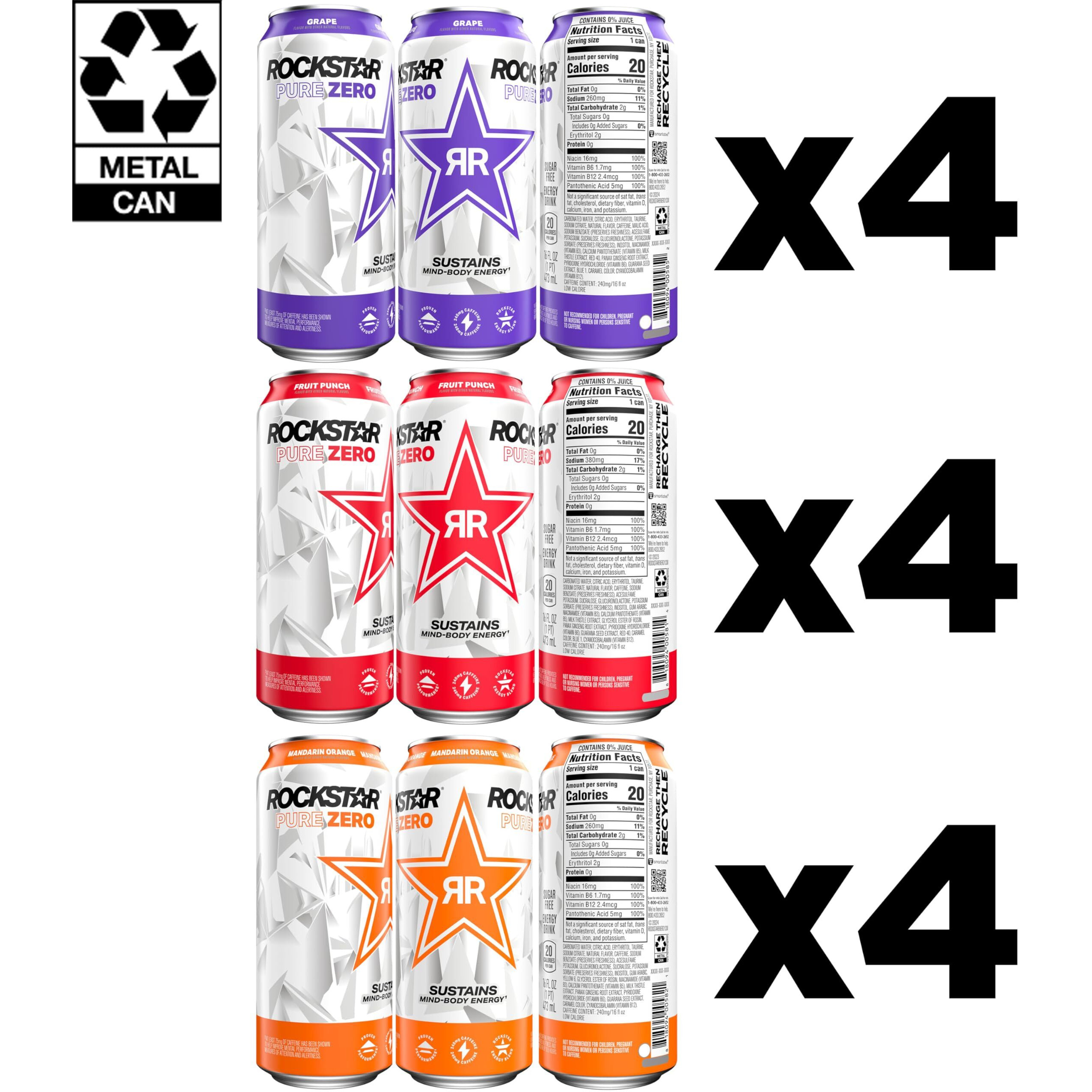 Rockstar Pure Zero Energy Drink,3 Flavor Pure Zero Variety Pack 2, 0 Sugar, With Caffeine And Taurine, 16Oz Cans (12 Pack) (Packaging May Vary)