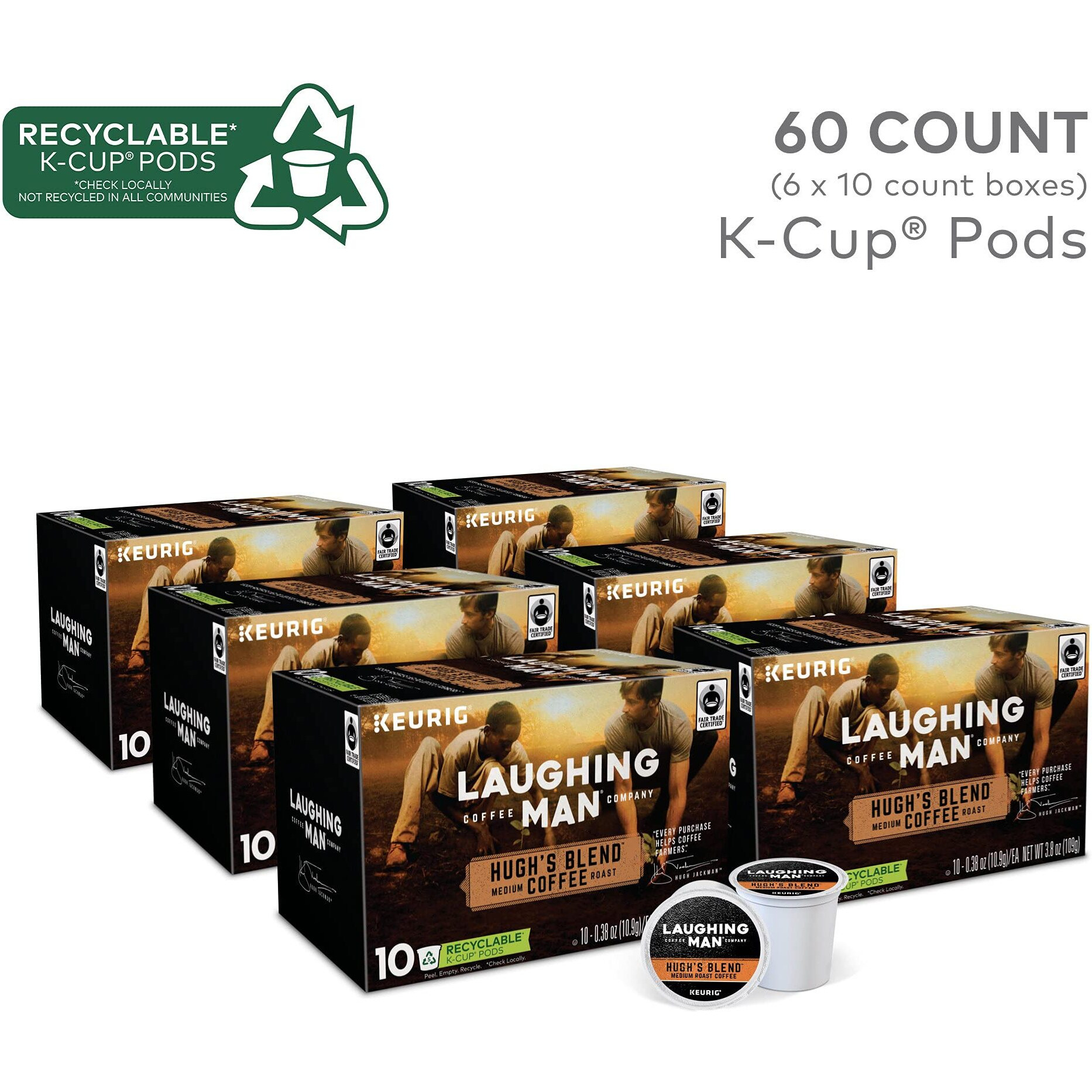Laughing Man Hugh's Blend Keurig Single-Serve K-Cup Pods, Medium Roast Coffee, 60 Count (6 Packs Of 10)