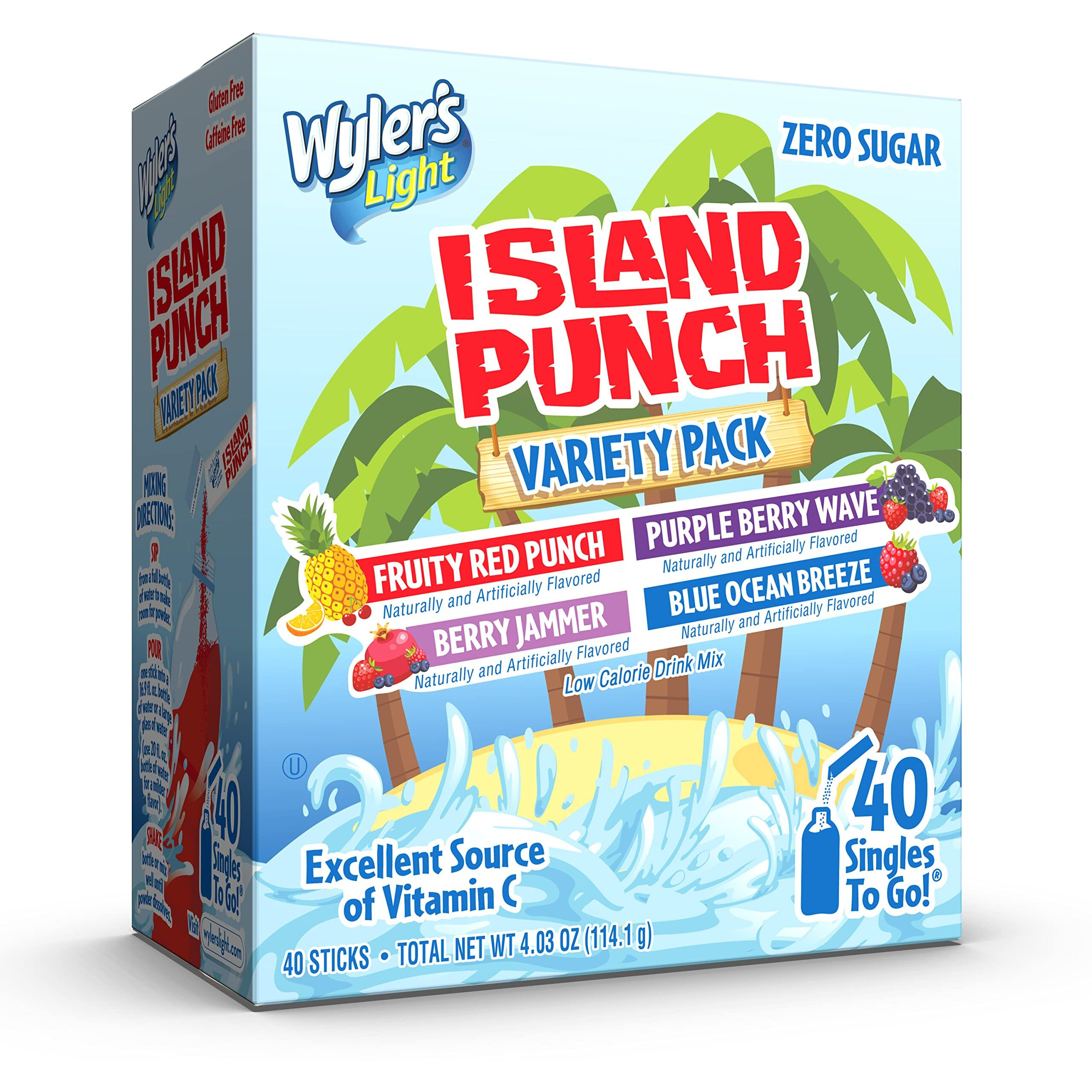 Wyler's Light Island Punch Singles To Go, Variety Pack, Fruity Red Punch, Purple Berry Wave, Berry Jammer And Blue Ocean Breeze, 1 Box (40 Single Servings)