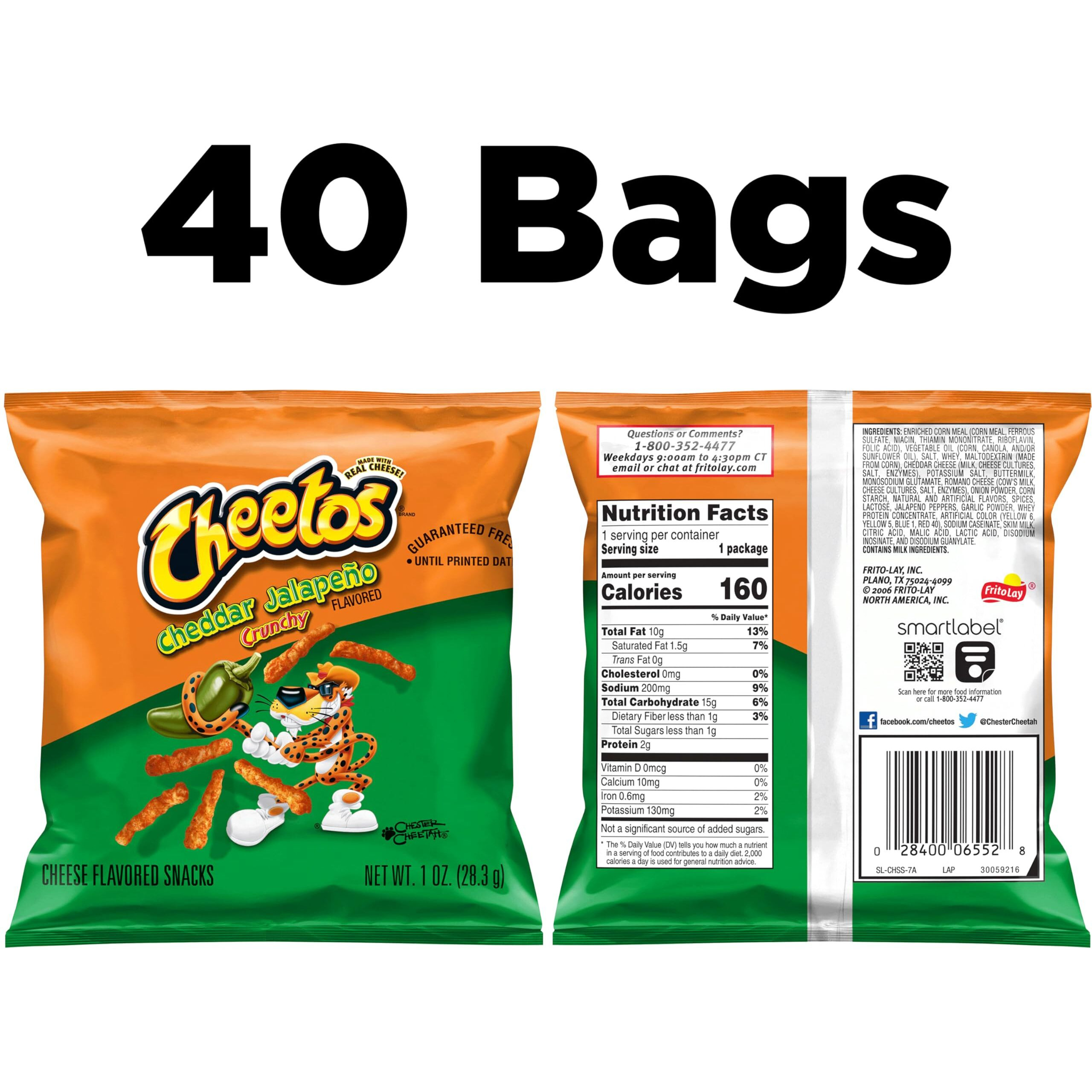 Cheetos Cheese Flavored Snacks, Cheddar Jalapeno Crunchy, 1 Ounce (Pack Of 40)