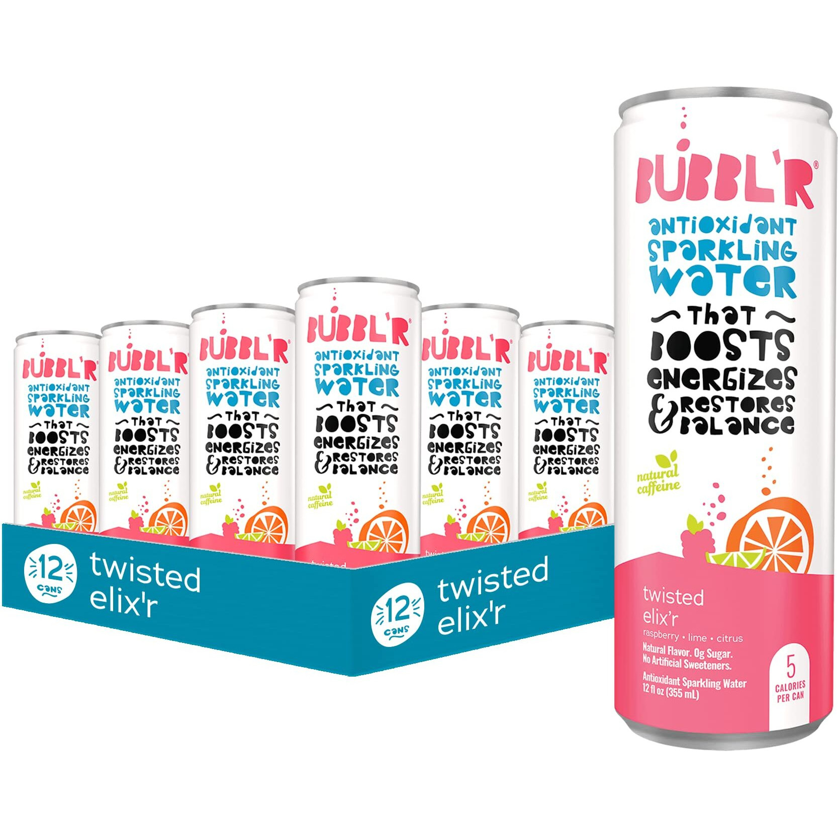 Bubbl'R Twisted Elix'R, Antioxidant Sparkling Water With Natural Caffeine, 0G Sugar, Gluten Free, All Natural Flavors, 12 Fl Oz Cans, 12 Count