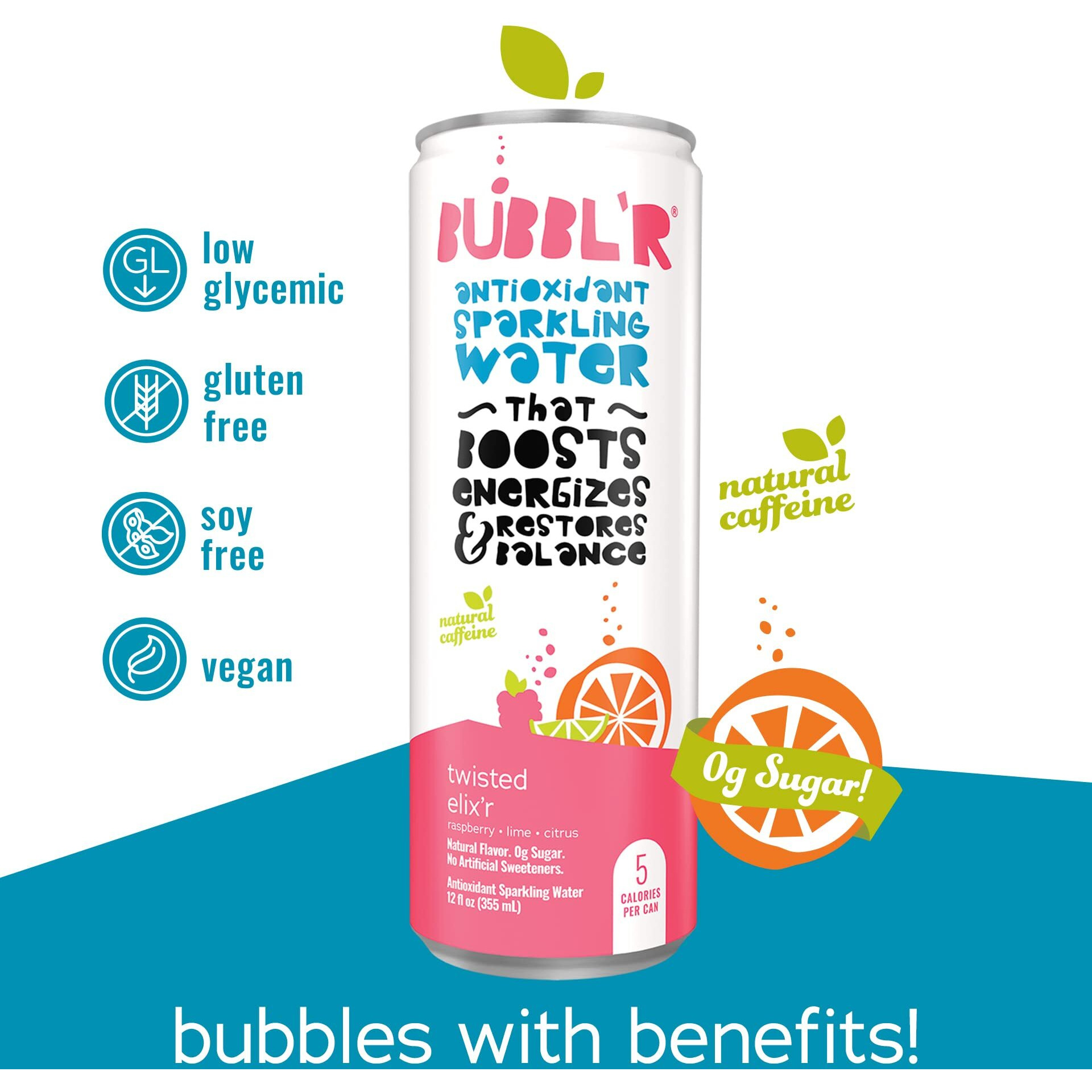 Bubbl'R Twisted Elix'R, Antioxidant Sparkling Water With Natural Caffeine, 0G Sugar, Gluten Free, All Natural Flavors, 12 Fl Oz Cans, 12 Count