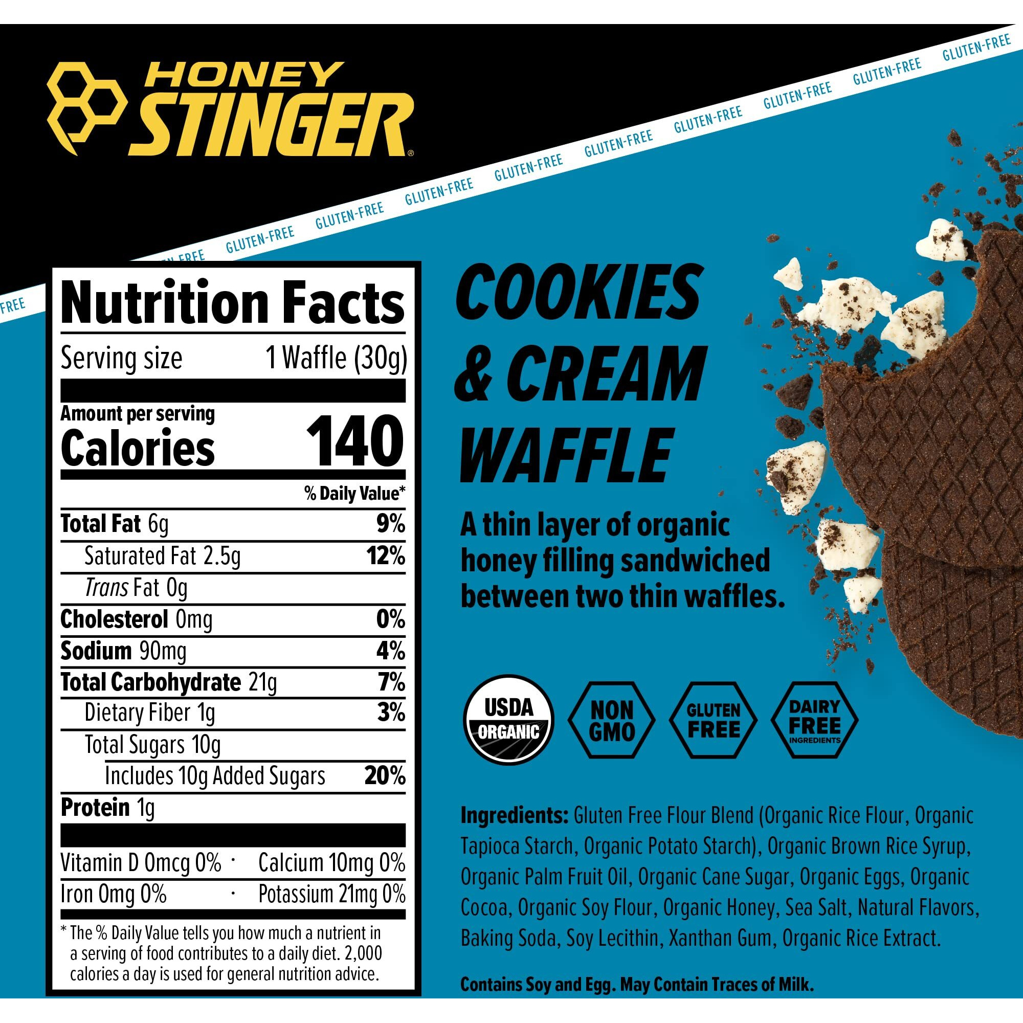 Honey Stinger Organic Gluten Free Cookies & Cream Waffle | Energy Stroopwafel For Exercise, Endurance And Performance | Sports Nutrition For Home & Gym, Pre & During Workout | 16 Waffles, 16.96 Ounce