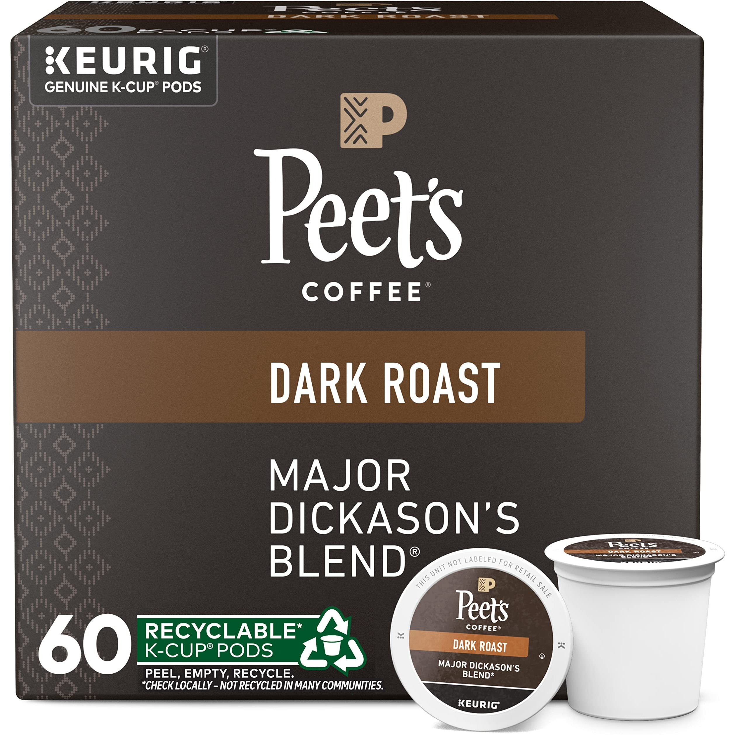 Peet's Coffee, Dark Roast K-Cup Pods For Keurig Brewers - Major Dickason's Blend 60 Count (6 Boxes Of 10 K-Cup Pods)