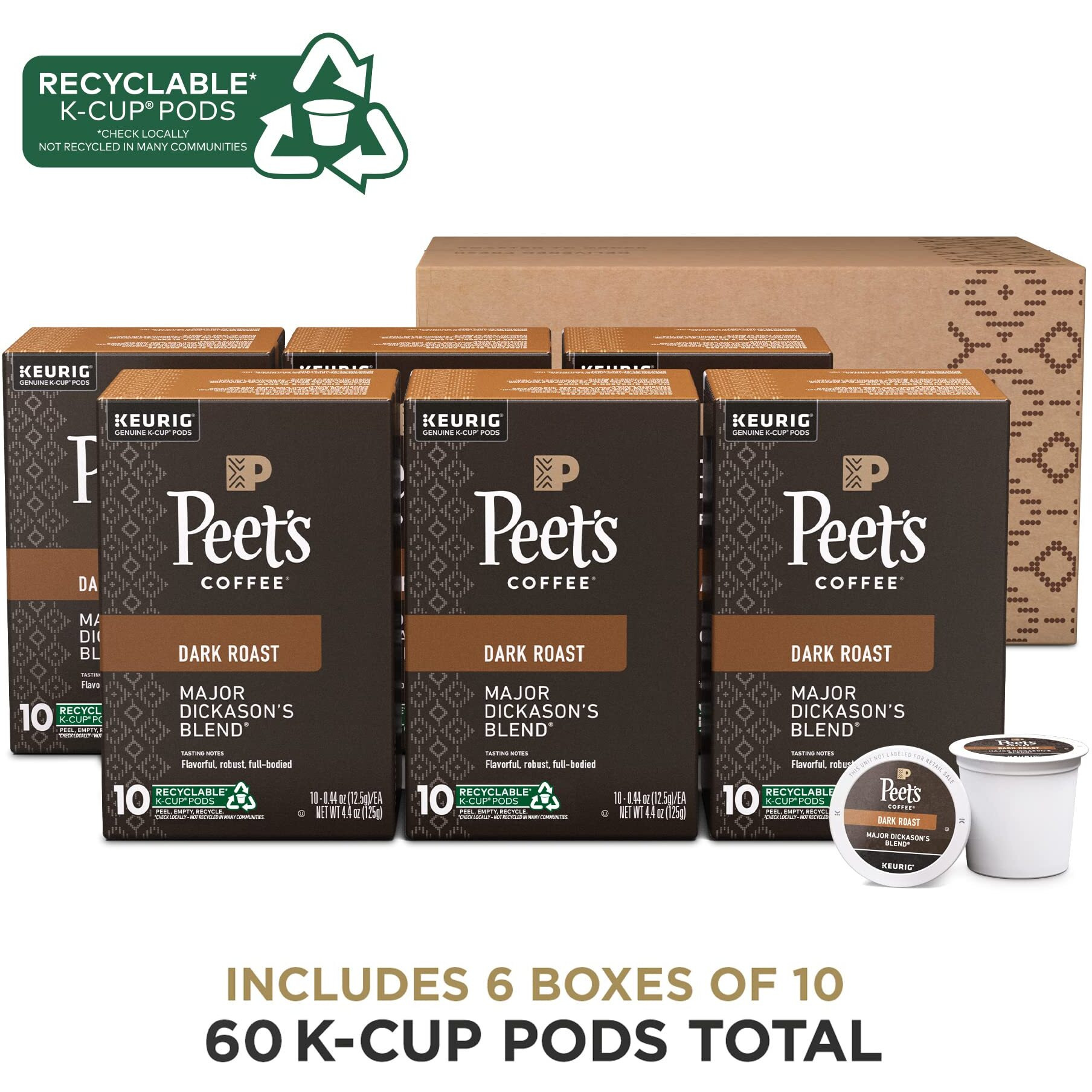 Peet's Coffee, Dark Roast K-Cup Pods For Keurig Brewers - Major Dickason's Blend 60 Count (6 Boxes Of 10 K-Cup Pods)