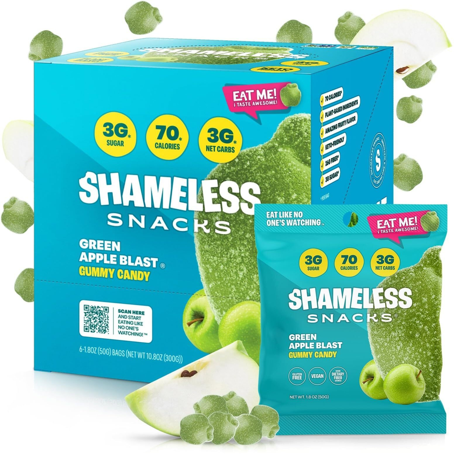Shameless Snacks - Healthy Low Calorie Snacks, Low Carb Keto Gummies (Gluten Free Candy) - 6 Pack Green Apple Blast