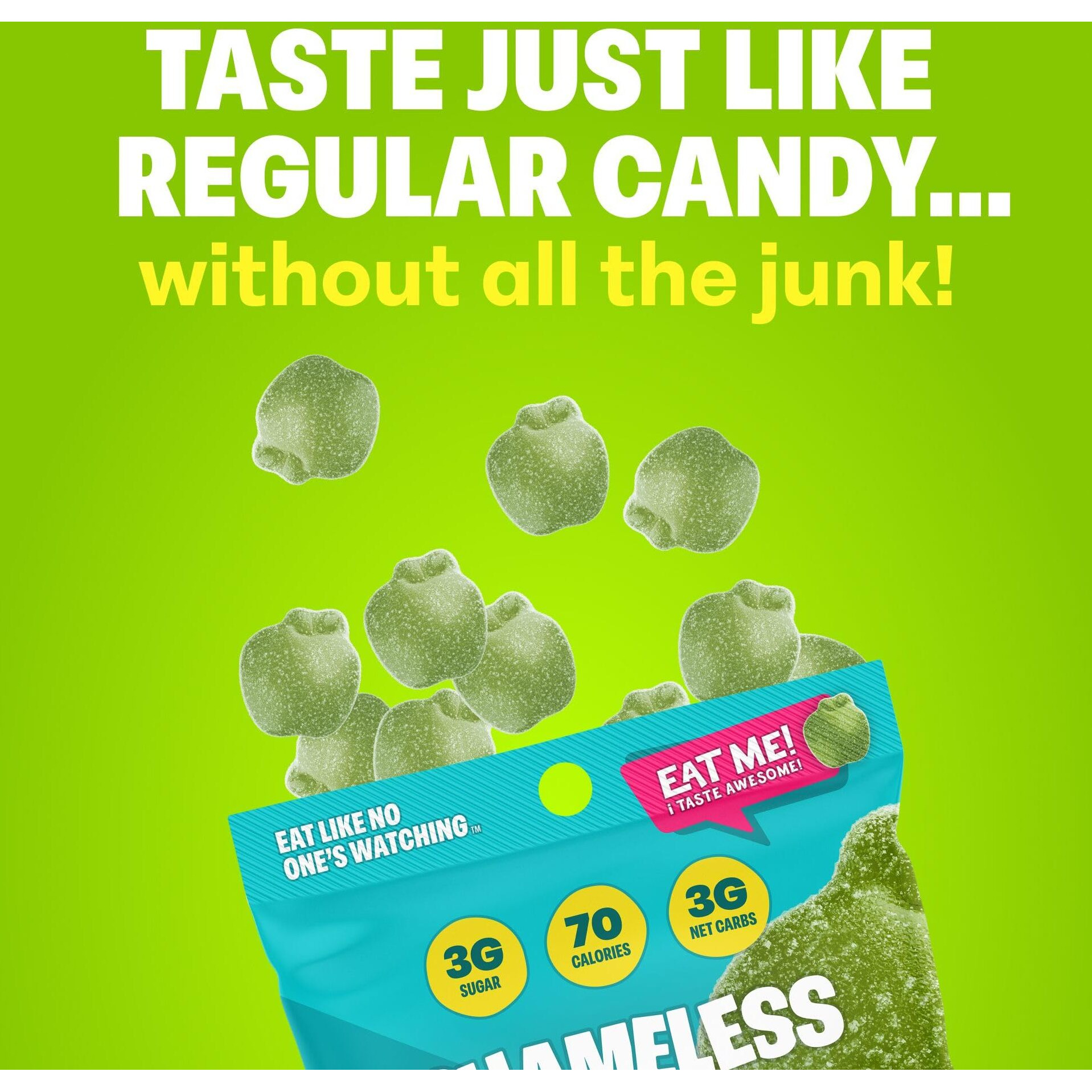 Shameless Snacks - Healthy Low Calorie Snacks, Low Carb Keto Gummies (Gluten Free Candy) - 6 Pack Green Apple Blast