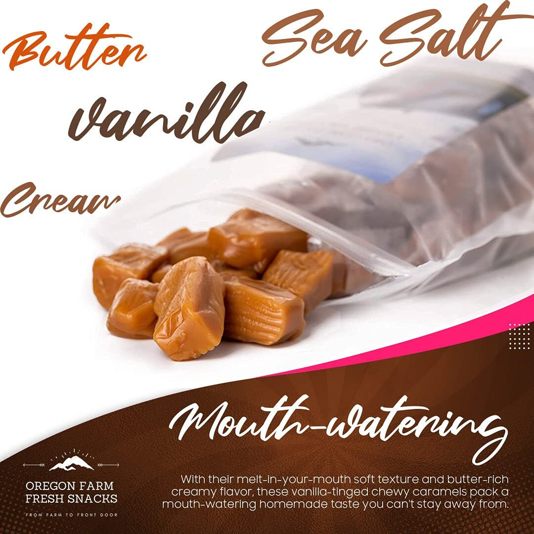Oregon Farm Fresh Snacks Salted Caramel Gourmet Candy - Oregon Made Caramel Candy With Sea Salt And Vanilla - Gluten Free Delicious Chewy Sea Salt Caramels - Soft Caramels Individually Wrapped (32 Oz)