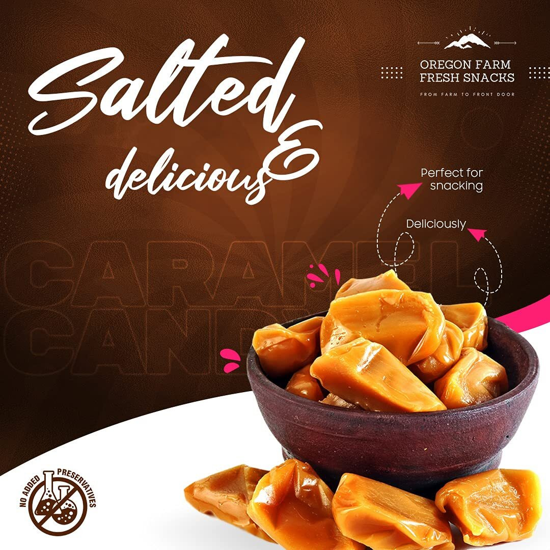 Oregon Farm Fresh Snacks Salted Caramel Gourmet Candy - Oregon Made Caramel Candy With Sea Salt And Vanilla - Gluten Free Delicious Chewy Sea Salt Caramels - Soft Caramels Individually Wrapped (32 Oz)