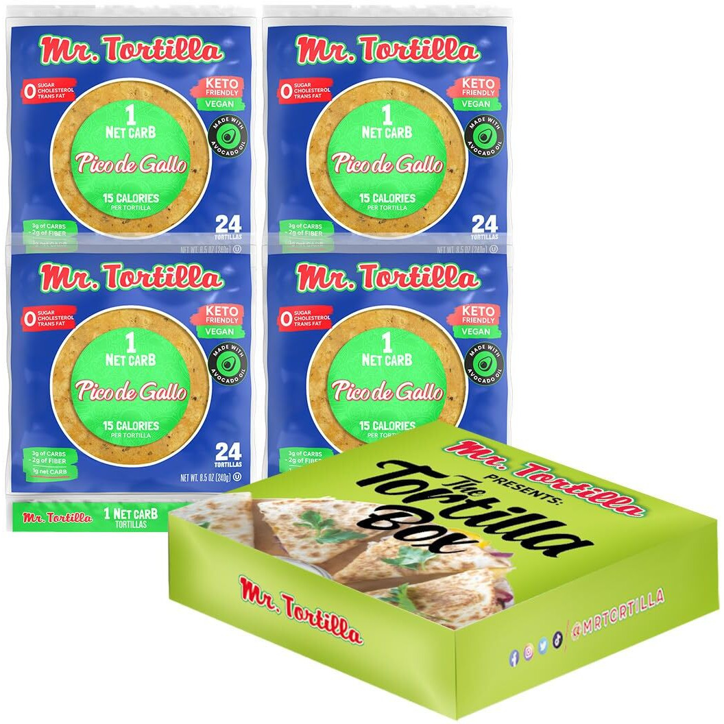 Mr. Tortilla Low Carb Keto Soft Taco Shells, Vegan Healthy Snacks & Bread Alternative, 1 Net Carb 15 Calories Delicious Small Batch Kosher Wraps -(Pico De Gallo, 96 Count)