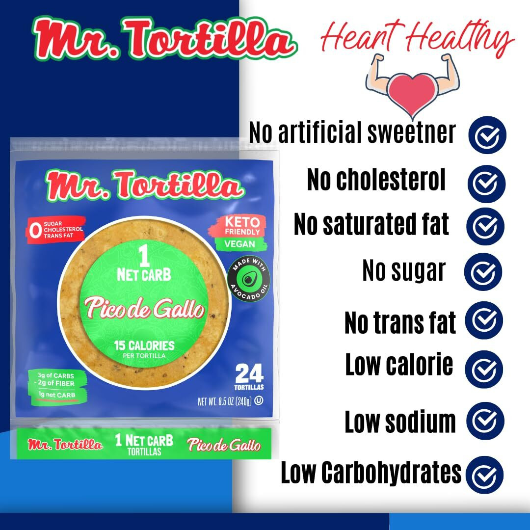 Mr. Tortilla Low Carb Keto Soft Taco Shells, Vegan Healthy Snacks & Bread Alternative, 1 Net Carb 15 Calories Delicious Small Batch Kosher Wraps -(Pico De Gallo, 96 Count)