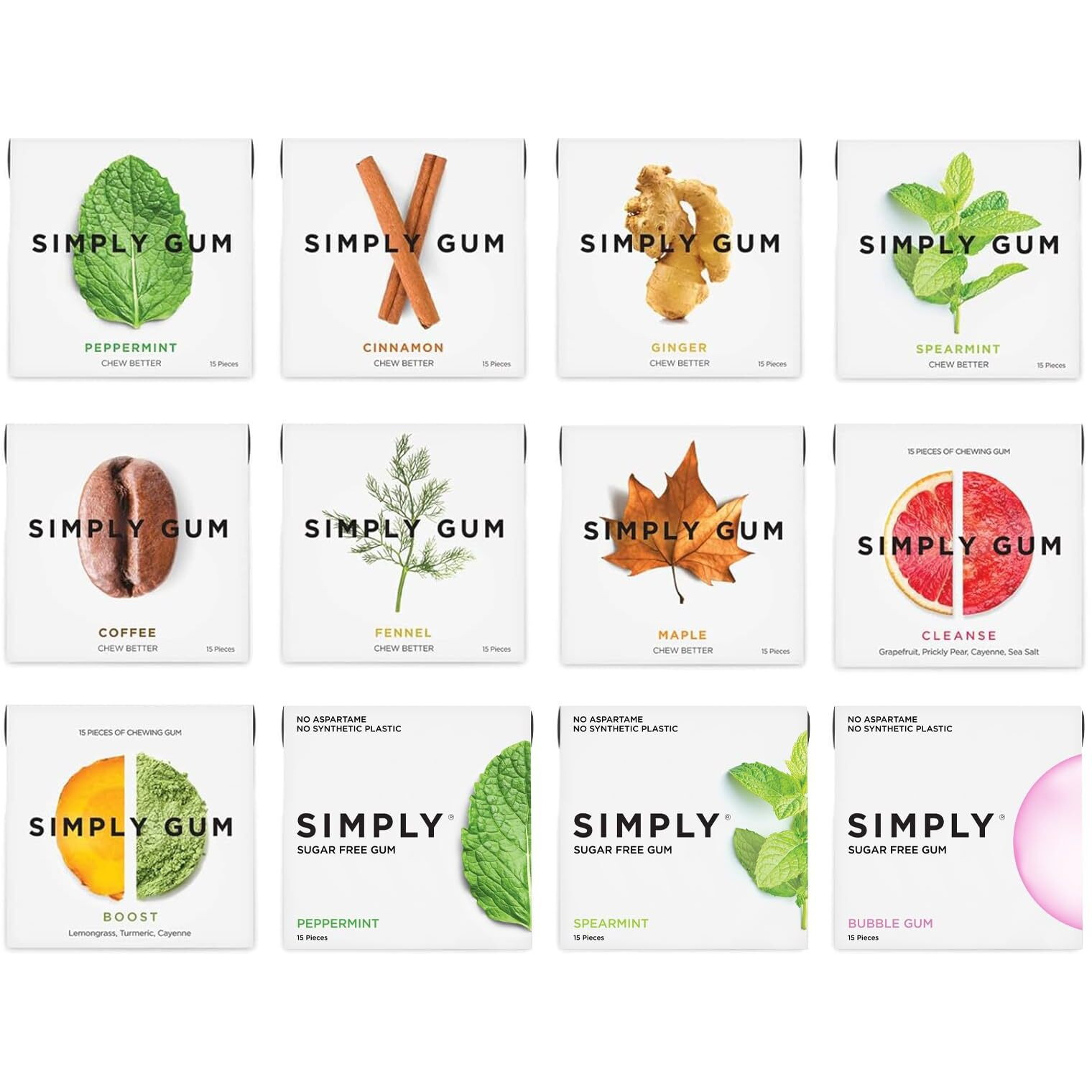 Simply Gum | Sampler Pack | Plant- Based Chewing Gum | Pack Of 12 (180 Pieces Total) | Synthetic Free + Aspartame Free + Non Gmo