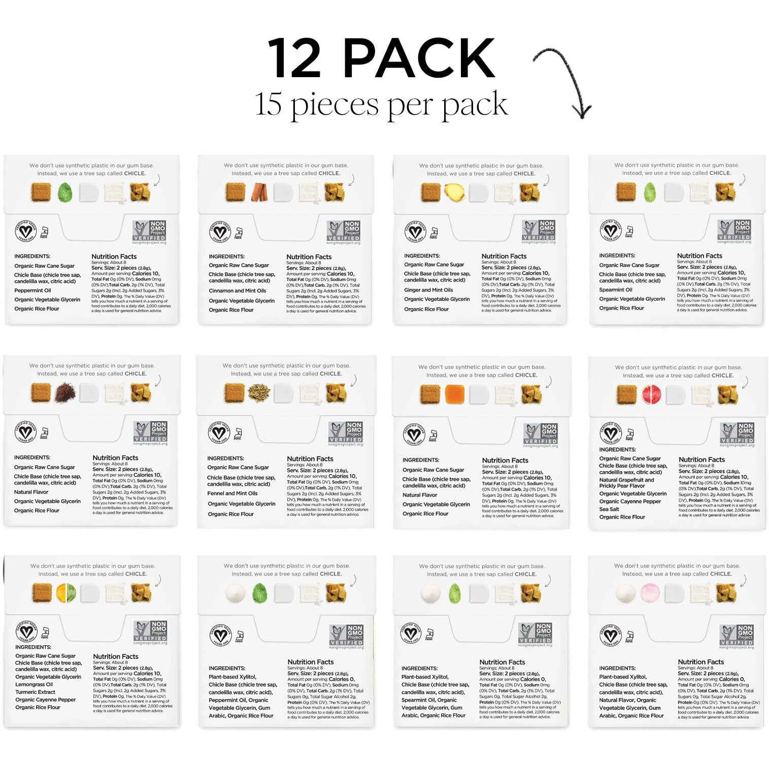 Simply Gum | Sampler Pack | Plant- Based Chewing Gum | Pack Of 12 (180 Pieces Total) | Synthetic Free + Aspartame Free + Non Gmo