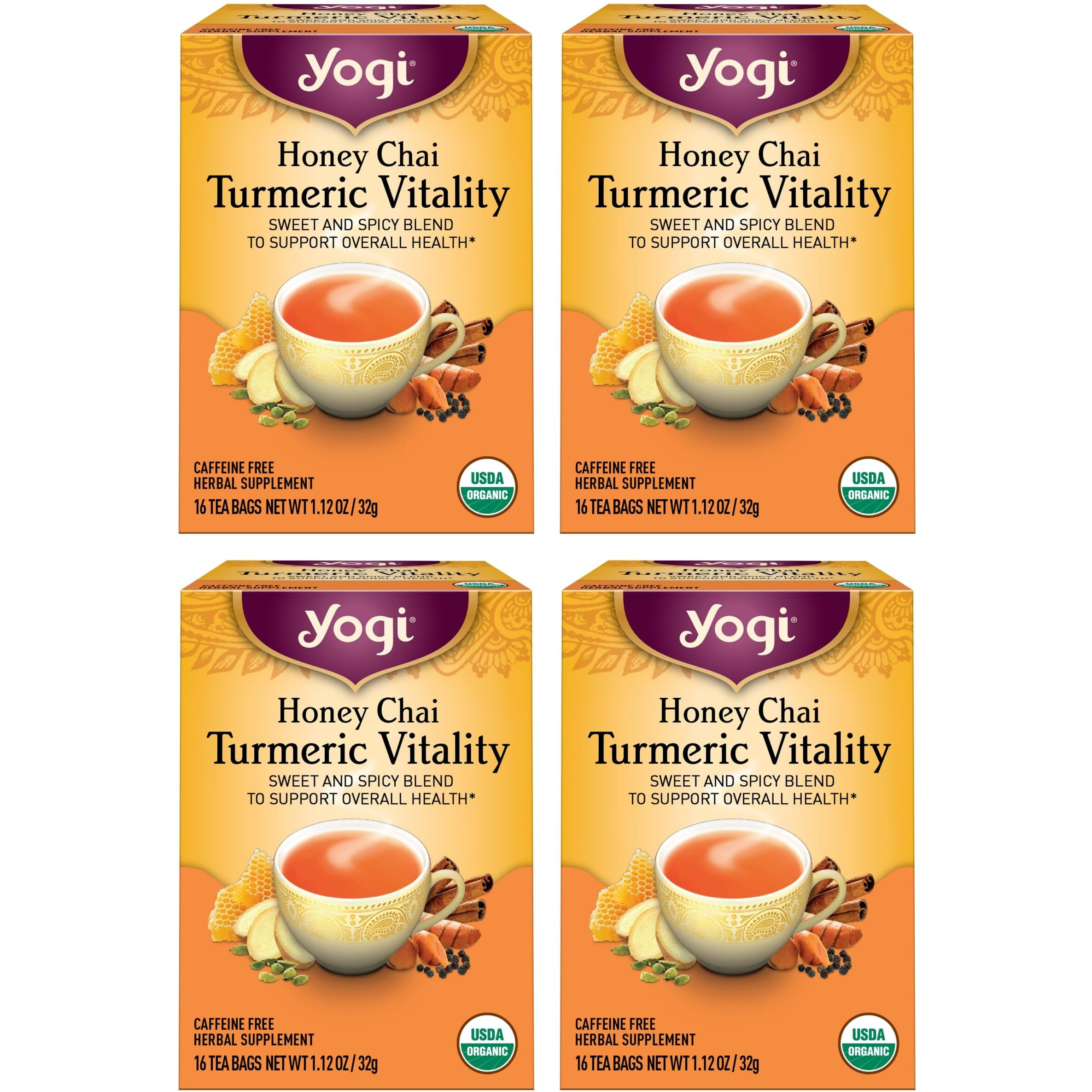 Yogi Tea Honey Chai Turmeric Vitality Tea - 16 Tea Bags Per Pack (4 Packs) - Organic Tea To Support Overall Health - Includes Cinnamon Bark, Turmeric Root, Cardamom Pod, Ginger Root & More
